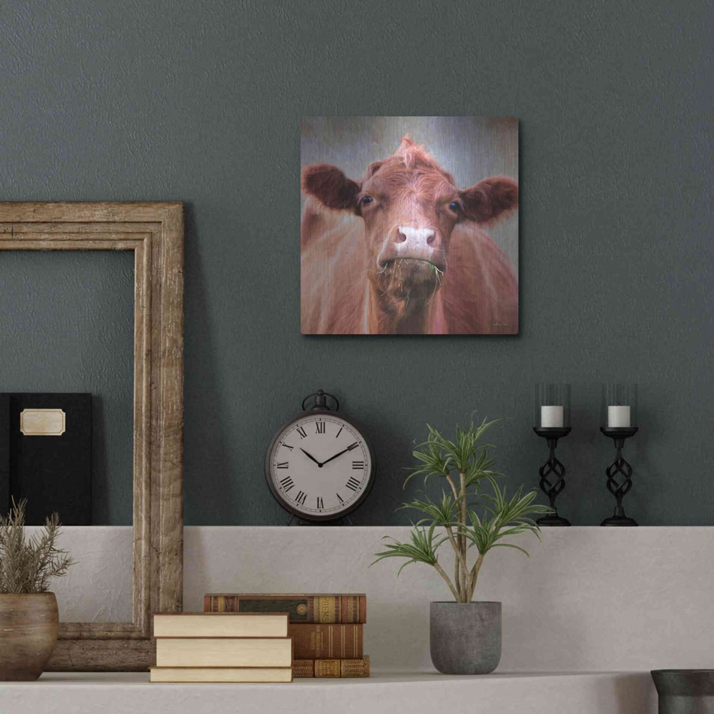 Luxe Metal Art 'The Brown Cow' by Lori Deiter, Metal Wall Art,12x12