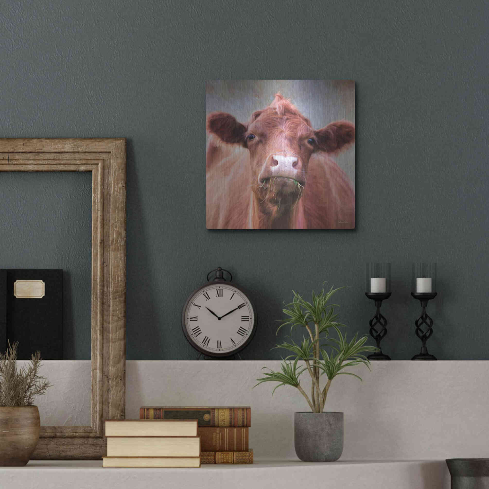 Luxe Metal Art 'The Brown Cow' by Lori Deiter, Metal Wall Art,12x12