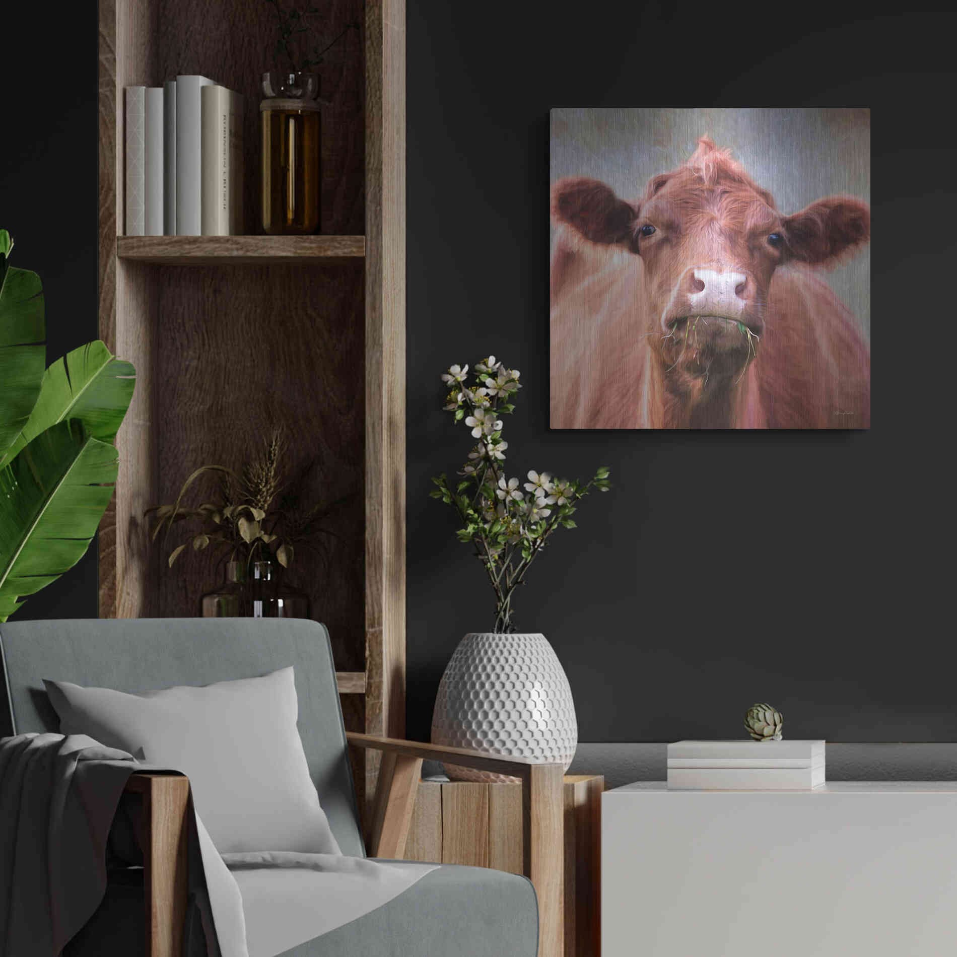 Luxe Metal Art 'The Brown Cow' by Lori Deiter, Metal Wall Art,24x24