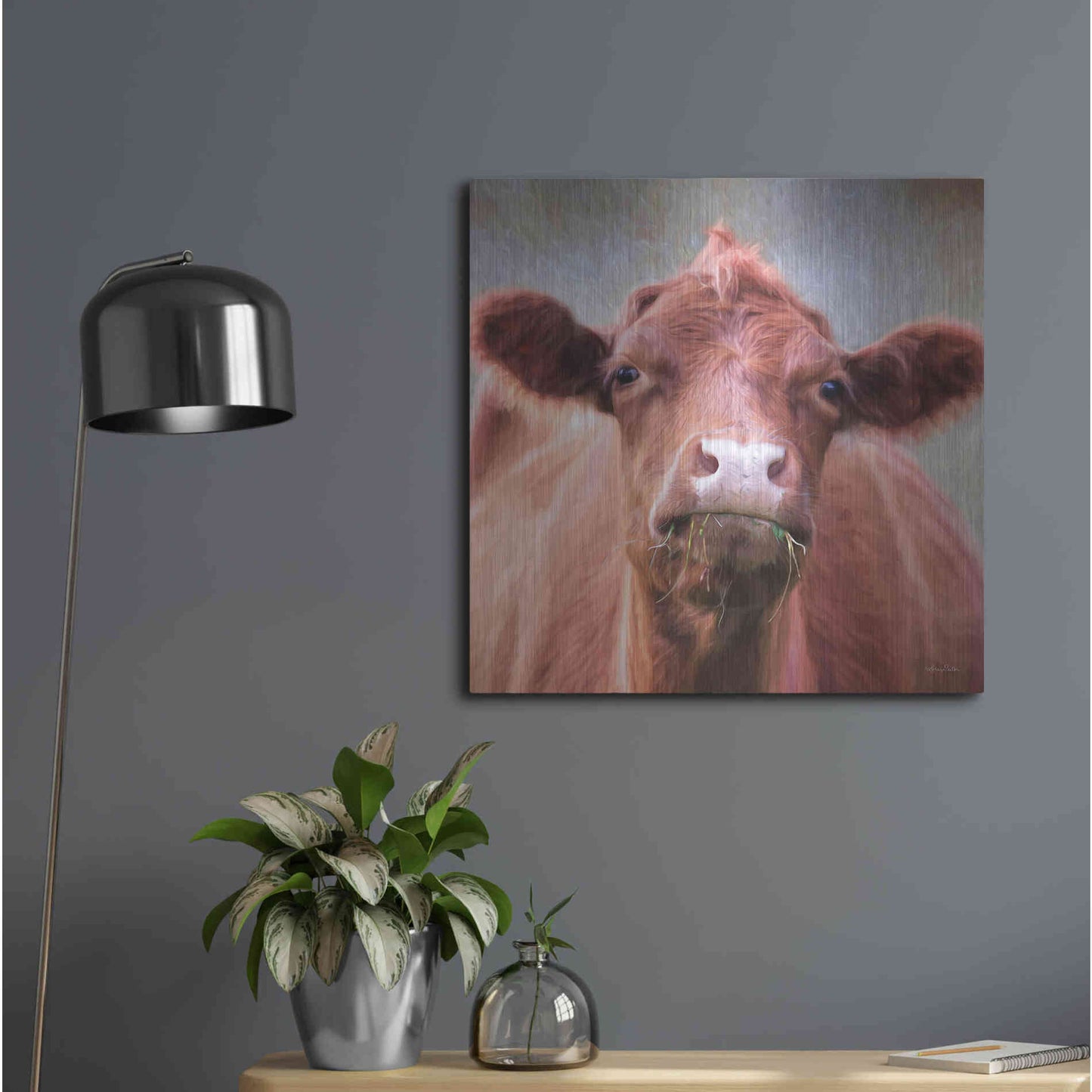 Luxe Metal Art 'The Brown Cow' by Lori Deiter, Metal Wall Art,24x24