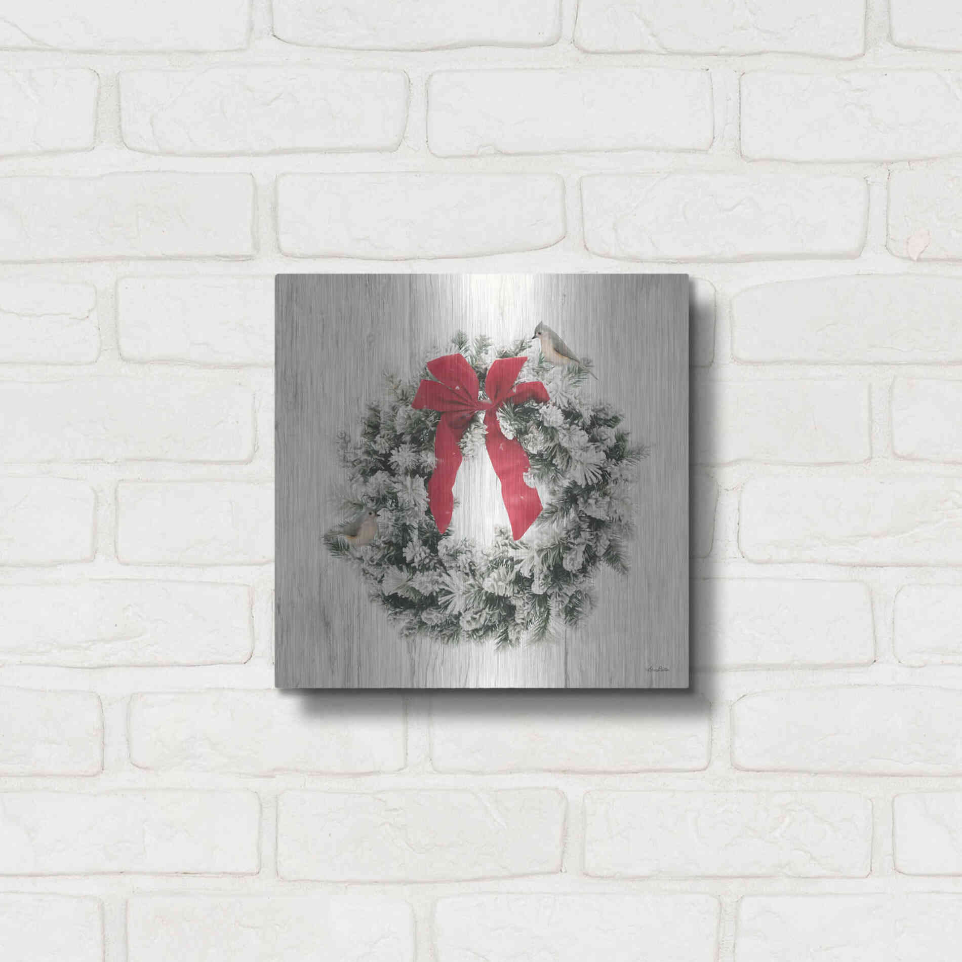 Luxe Metal Art 'Titmouse Christmas Wreath' by Lori Deiter, Metal Wall Art,12x12