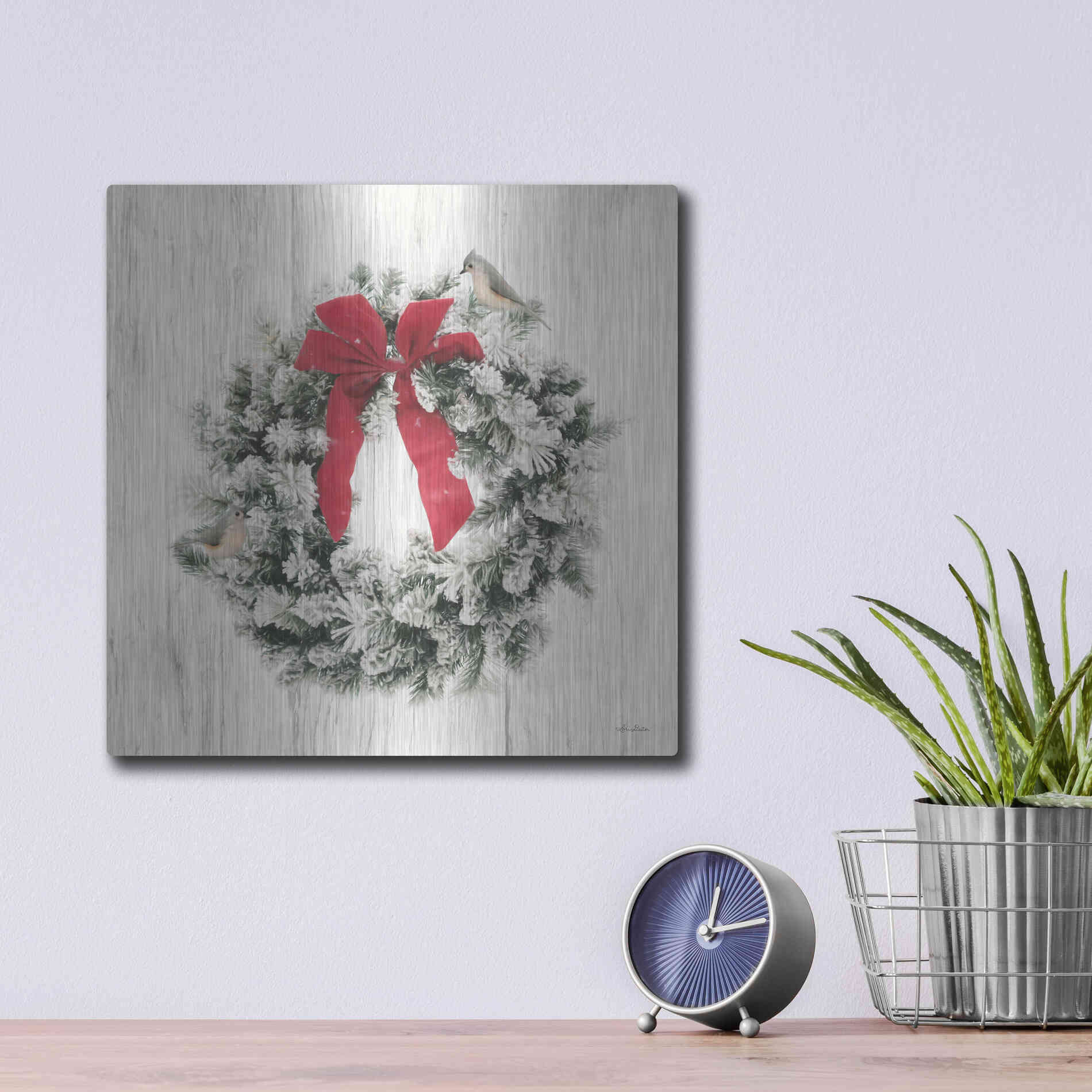 Luxe Metal Art 'Titmouse Christmas Wreath' by Lori Deiter, Metal Wall Art,12x12