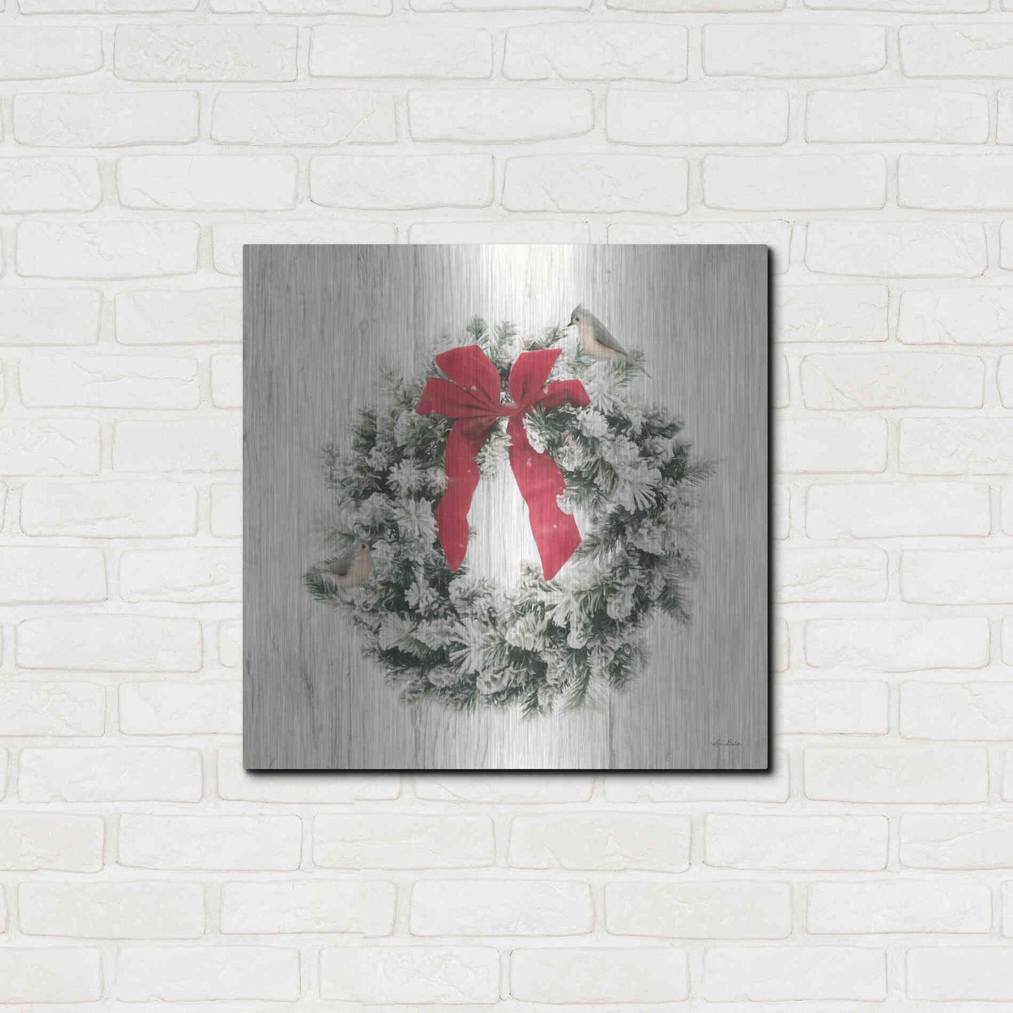 Luxe Metal Art 'Titmouse Christmas Wreath' by Lori Deiter, Metal Wall Art,24x24