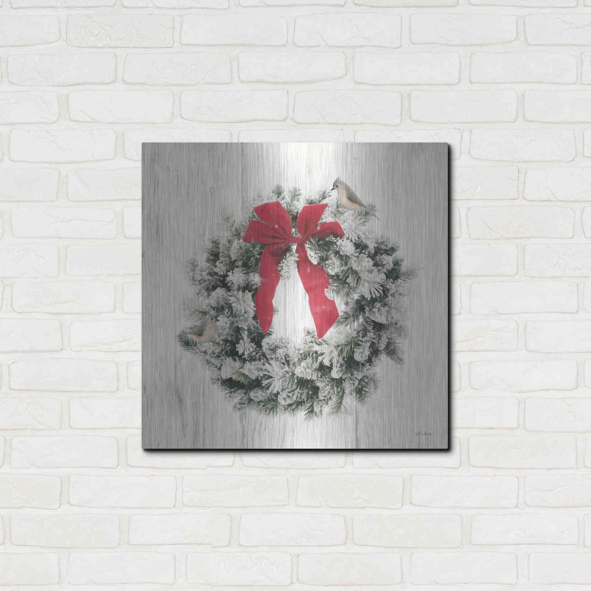 Luxe Metal Art 'Titmouse Christmas Wreath' by Lori Deiter, Metal Wall Art,24x24