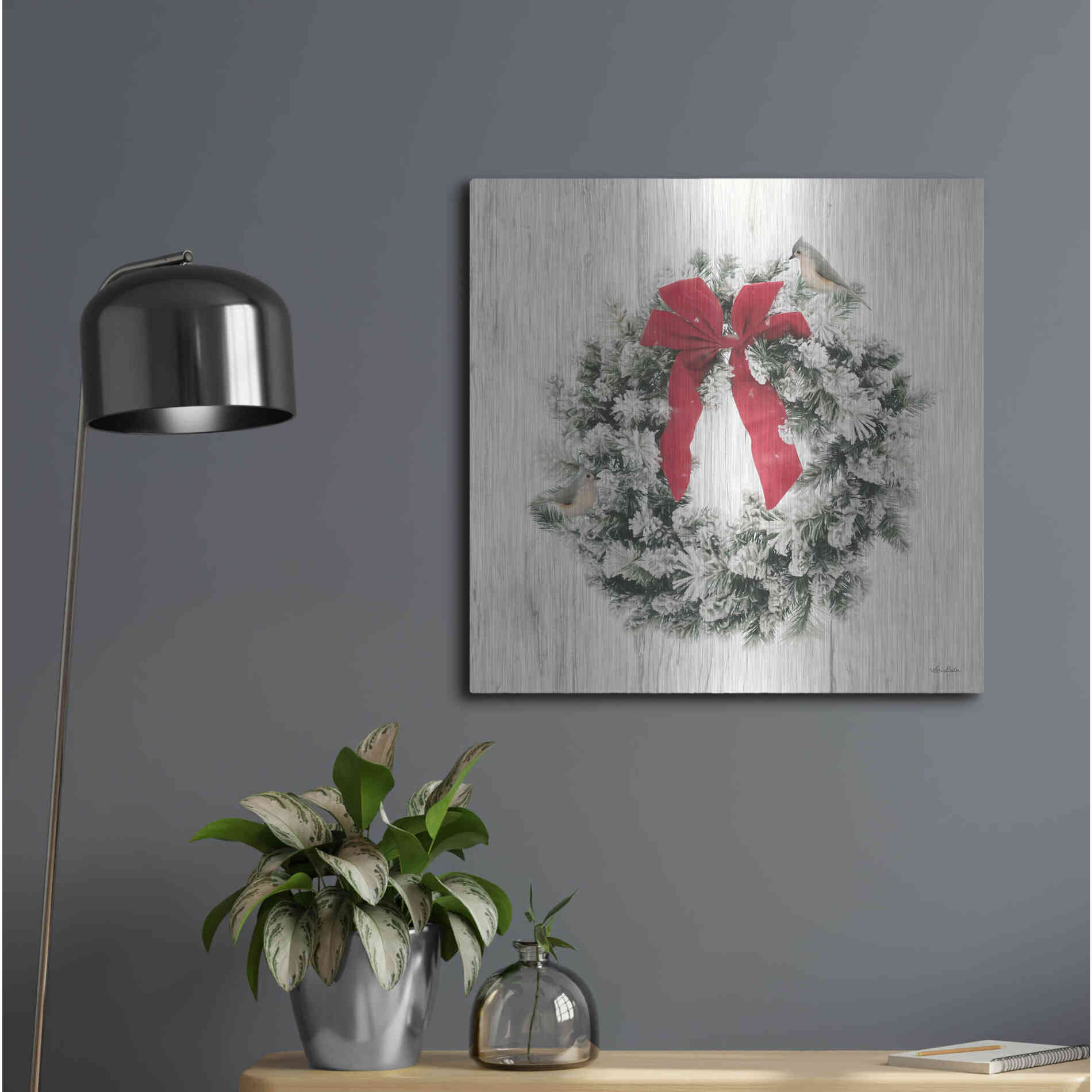 Luxe Metal Art 'Titmouse Christmas Wreath' by Lori Deiter, Metal Wall Art,24x24