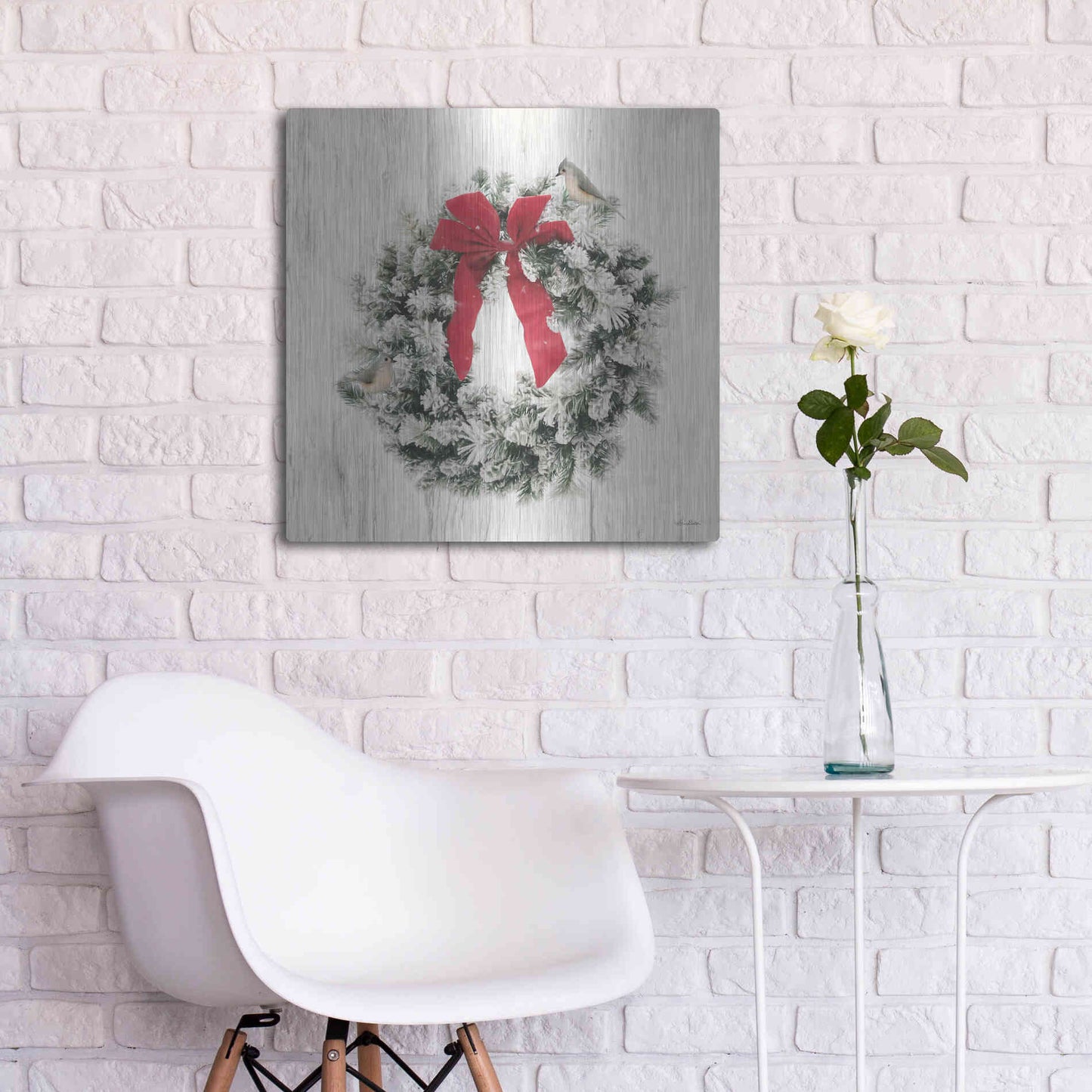 Luxe Metal Art 'Titmouse Christmas Wreath' by Lori Deiter, Metal Wall Art,24x24