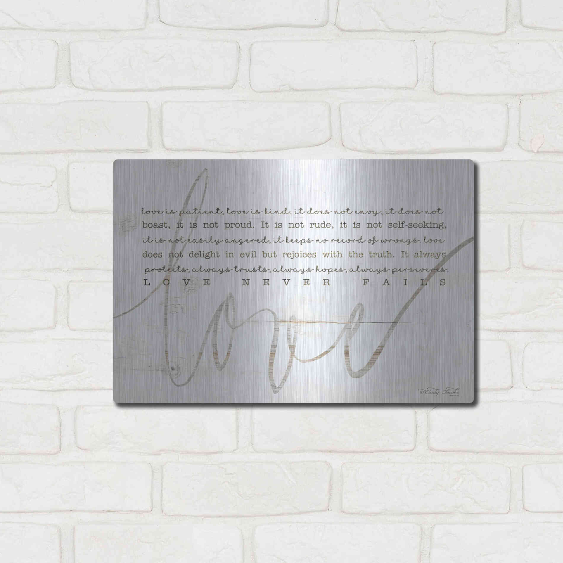 Luxe Metal Art 'Love Never Fails 4' by Cindy Jacobs, Metal Wall Art,16x12