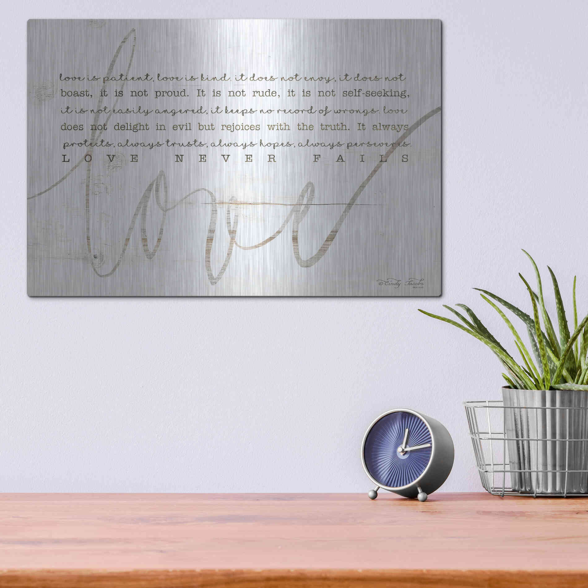 Luxe Metal Art 'Love Never Fails 4' by Cindy Jacobs, Metal Wall Art,16x12