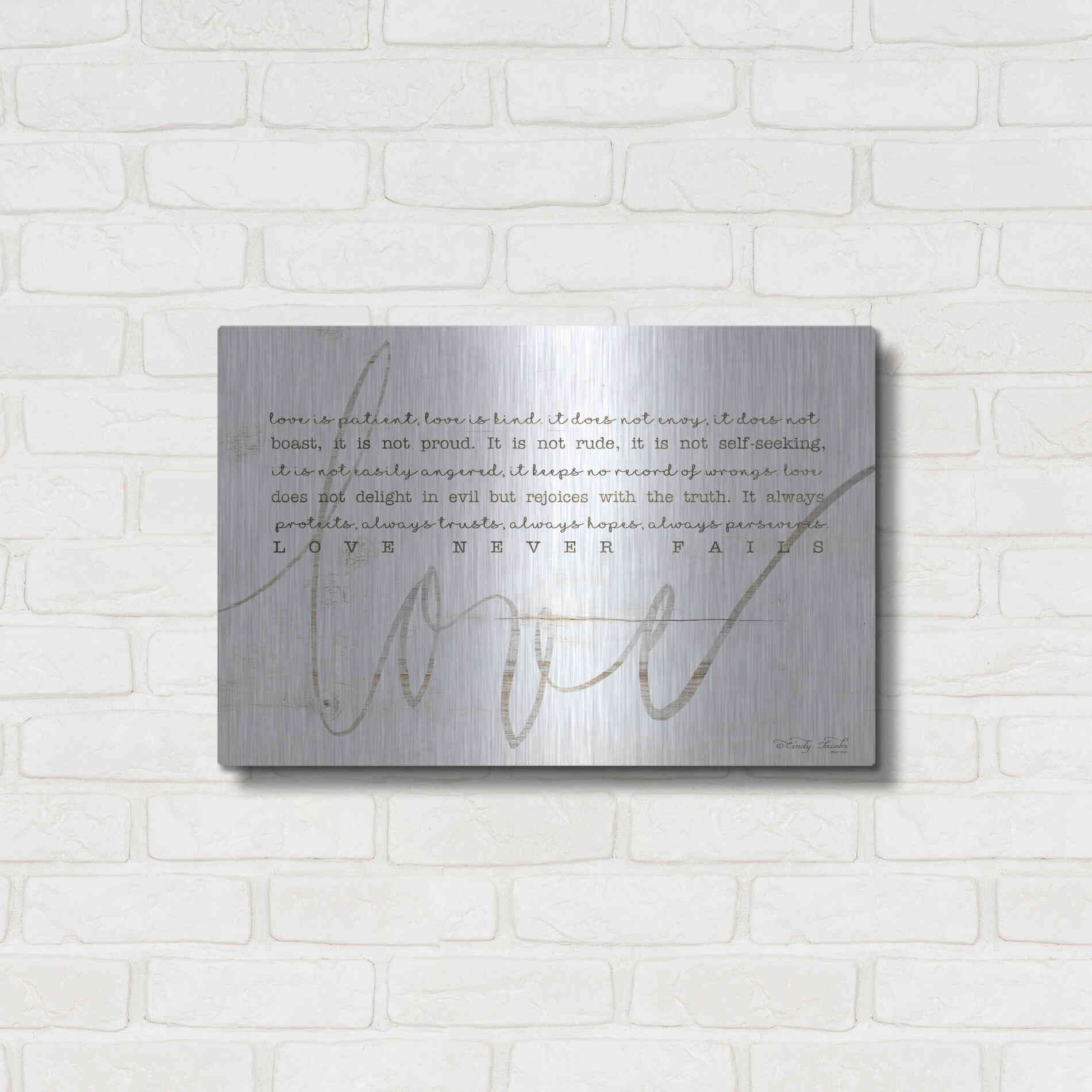 Luxe Metal Art 'Love Never Fails 4' by Cindy Jacobs, Metal Wall Art,24x16