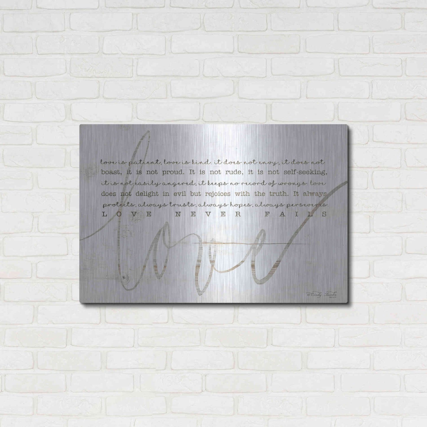 Luxe Metal Art 'Love Never Fails 4' by Cindy Jacobs, Metal Wall Art,36x24
