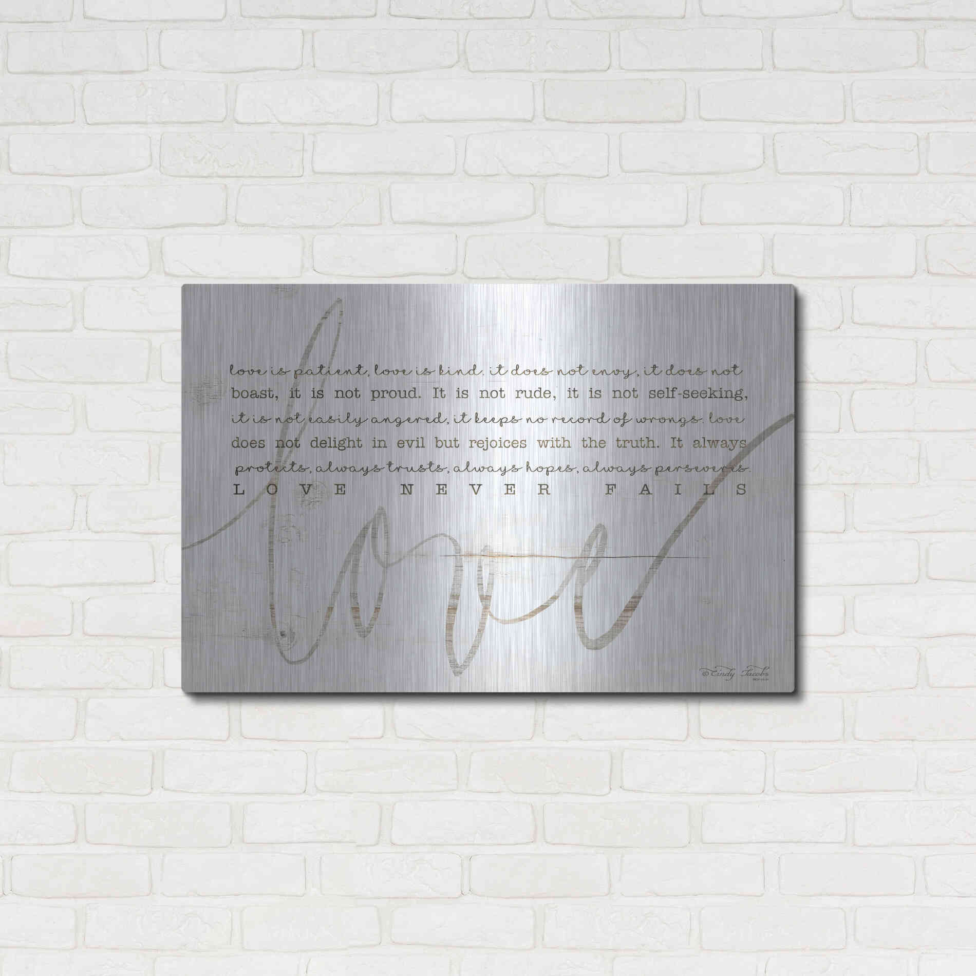 Luxe Metal Art 'Love Never Fails 4' by Cindy Jacobs, Metal Wall Art,36x24