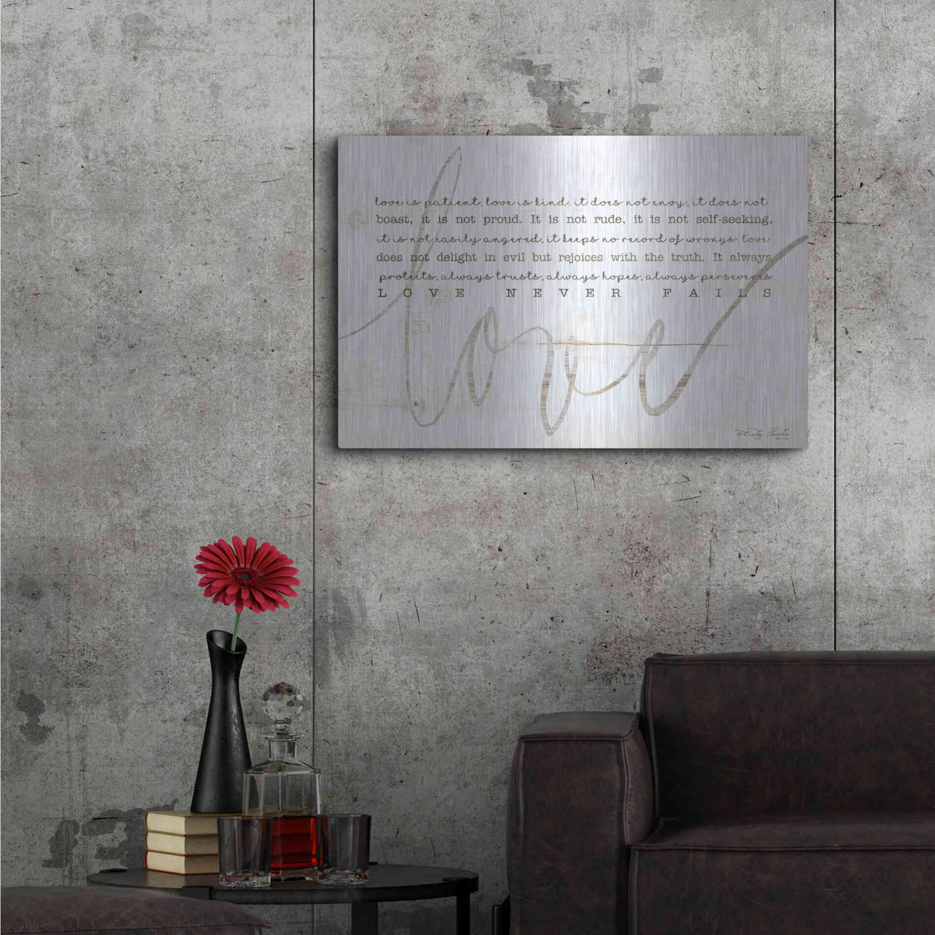 Luxe Metal Art 'Love Never Fails 4' by Cindy Jacobs, Metal Wall Art,36x24