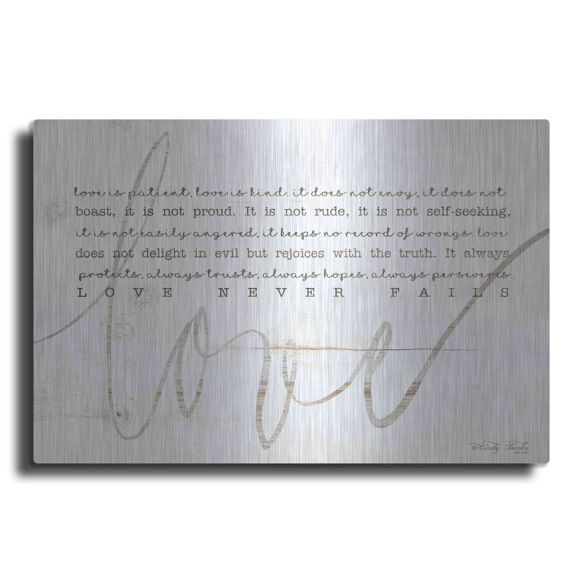 Luxe Metal Art 'Love Never Fails 4' by Cindy Jacobs, Metal Wall Art