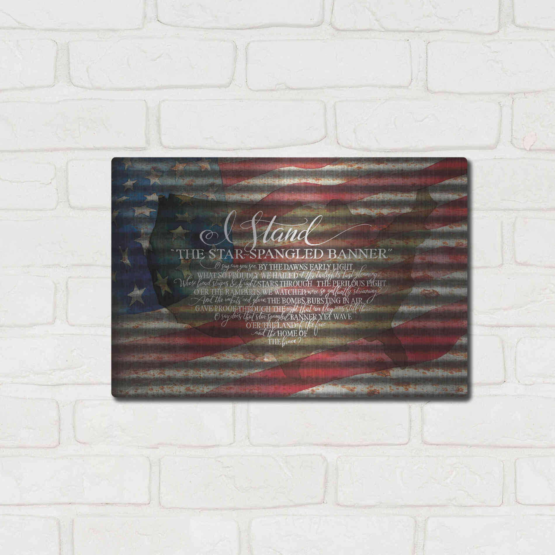 Luxe Metal Art 'I Stand American Flag on Metal' by Cindy Jacobs, Metal Wall Art,16x12