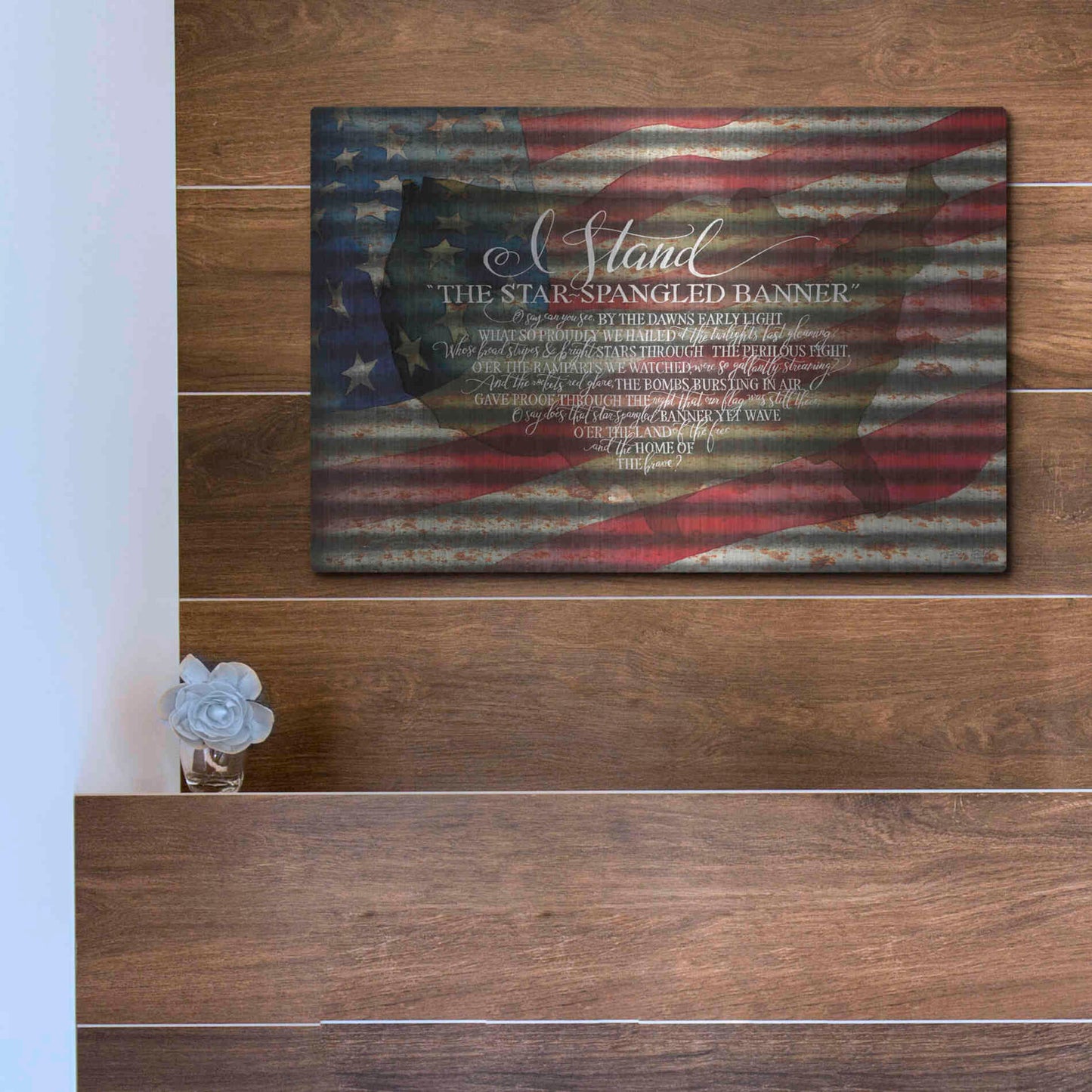 Luxe Metal Art 'I Stand American Flag on Metal' by Cindy Jacobs, Metal Wall Art,16x12