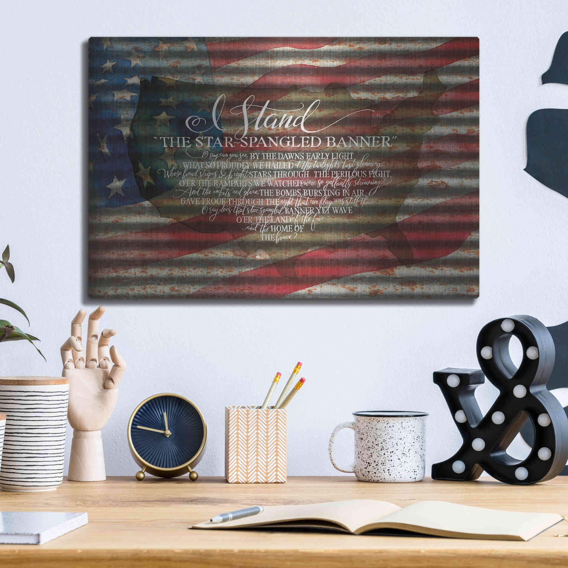 Luxe Metal Art 'I Stand American Flag on Metal' by Cindy Jacobs, Metal Wall Art,16x12