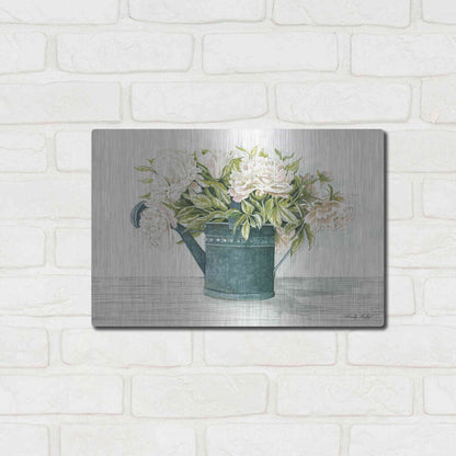 Luxe Metal Art 'Galvanized Watering Can Peonies' by Cindy Jacobs, Metal Wall Art,16x12