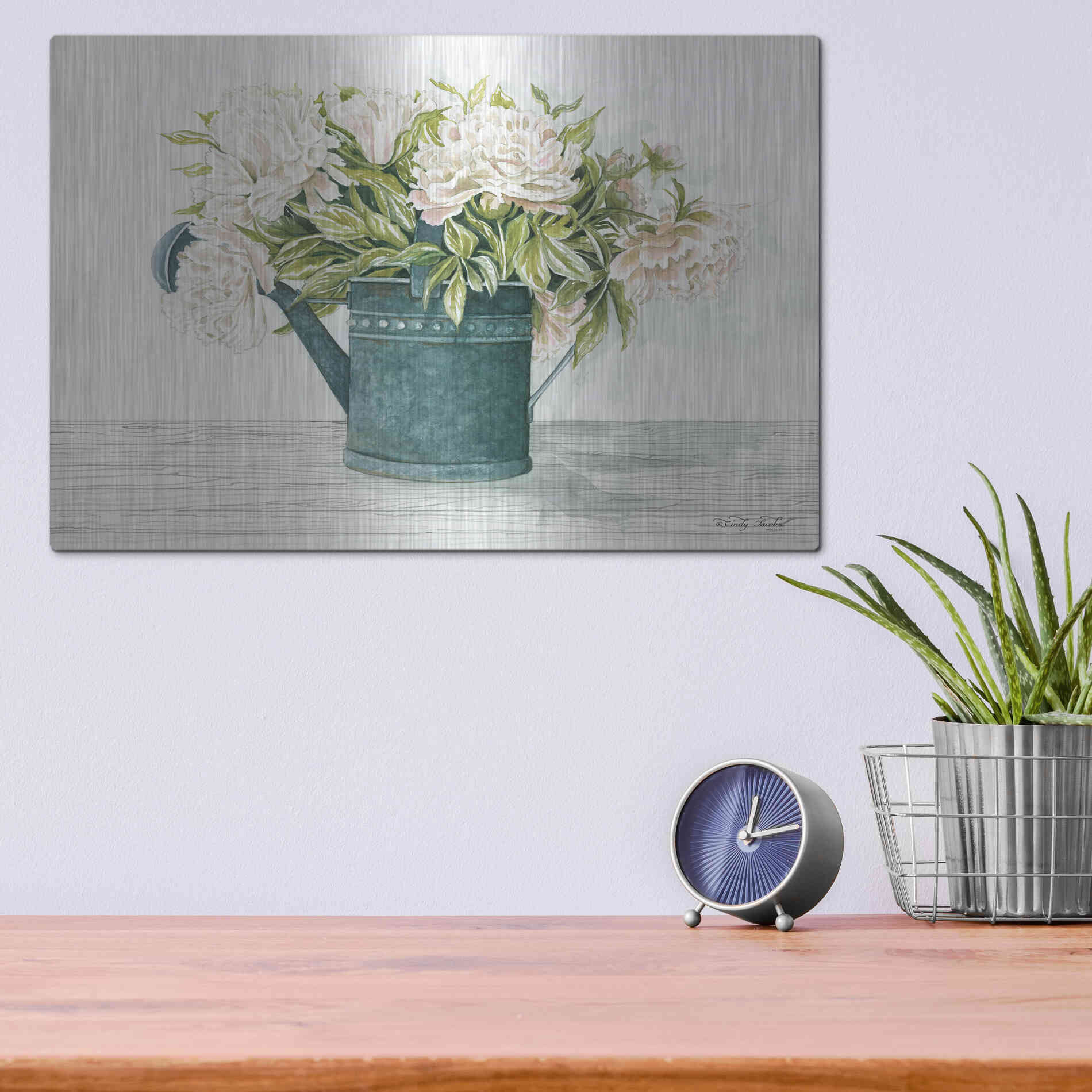 Luxe Metal Art 'Galvanized Watering Can Peonies' by Cindy Jacobs, Metal Wall Art,16x12
