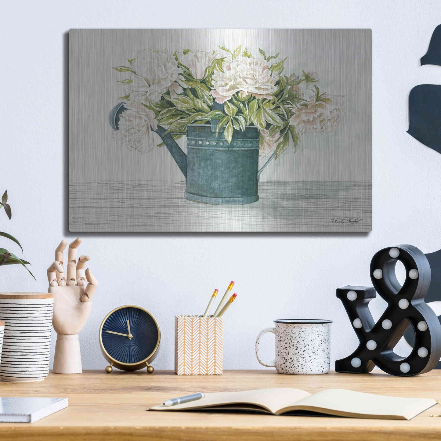 Luxe Metal Art 'Galvanized Watering Can Peonies' by Cindy Jacobs, Metal Wall Art,16x12