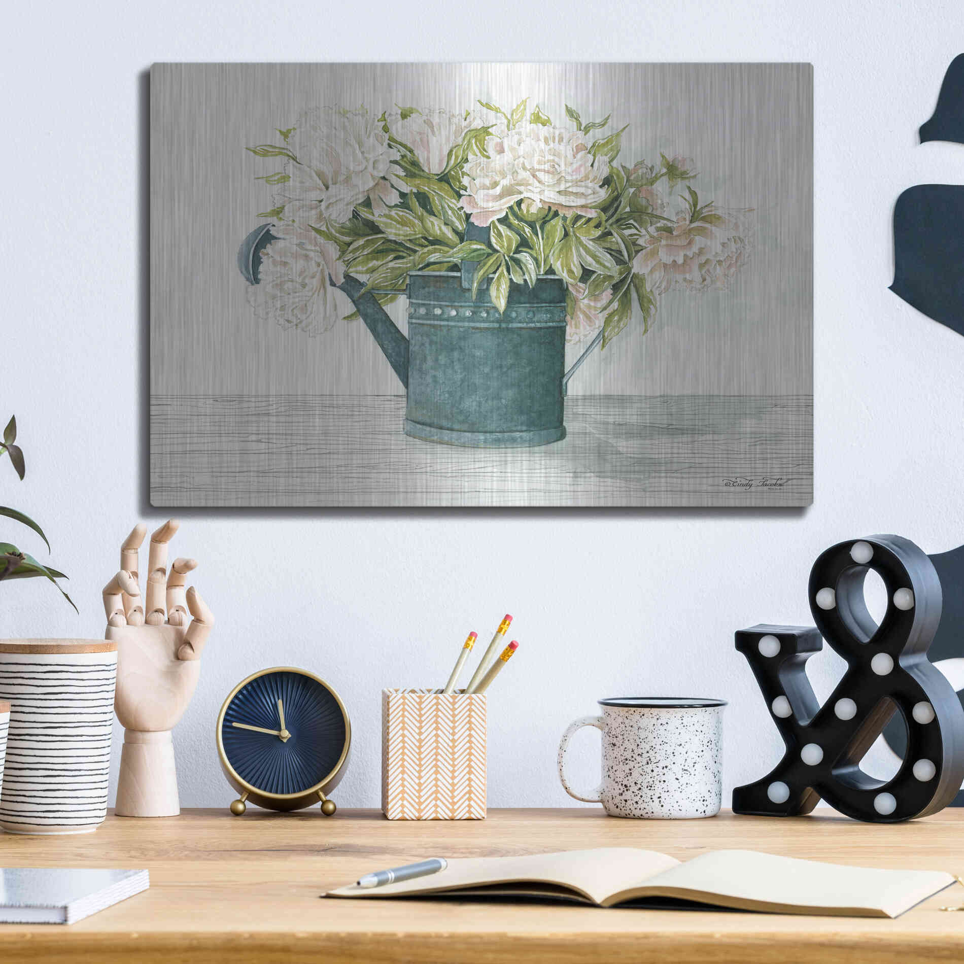 Luxe Metal Art 'Galvanized Watering Can Peonies' by Cindy Jacobs, Metal Wall Art,16x12