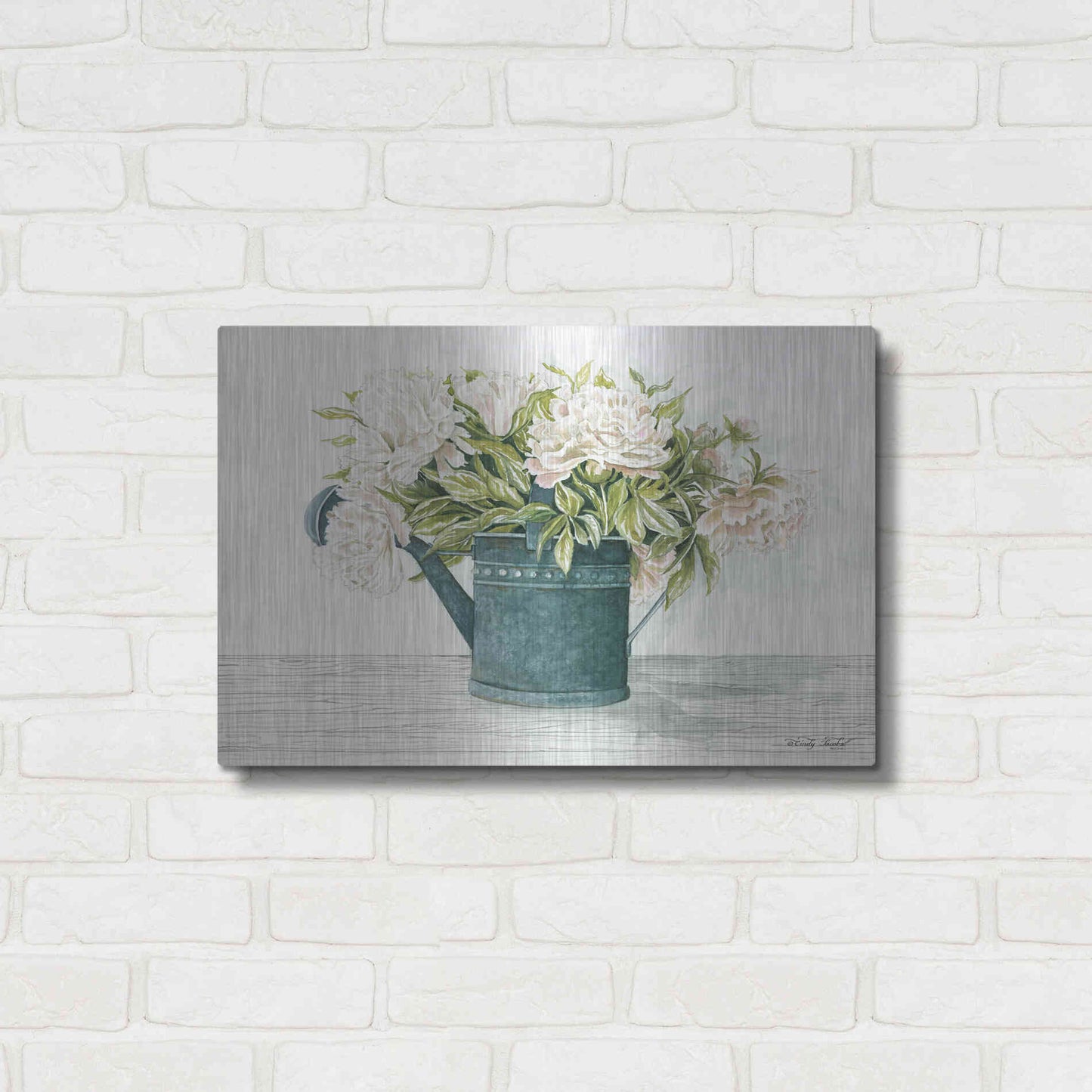 Luxe Metal Art 'Galvanized Watering Can Peonies' by Cindy Jacobs, Metal Wall Art,24x16