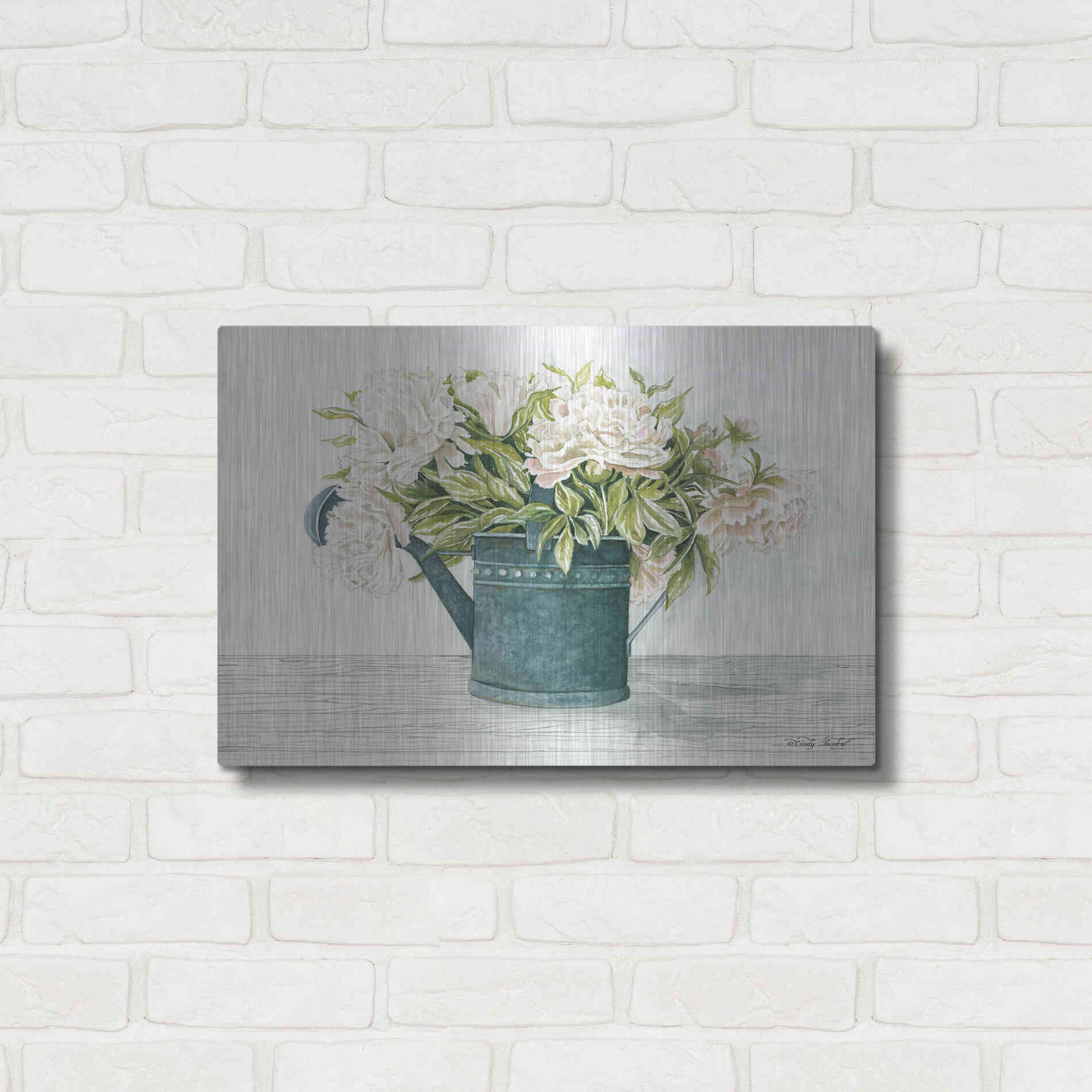 Luxe Metal Art 'Galvanized Watering Can Peonies' by Cindy Jacobs, Metal Wall Art,24x16
