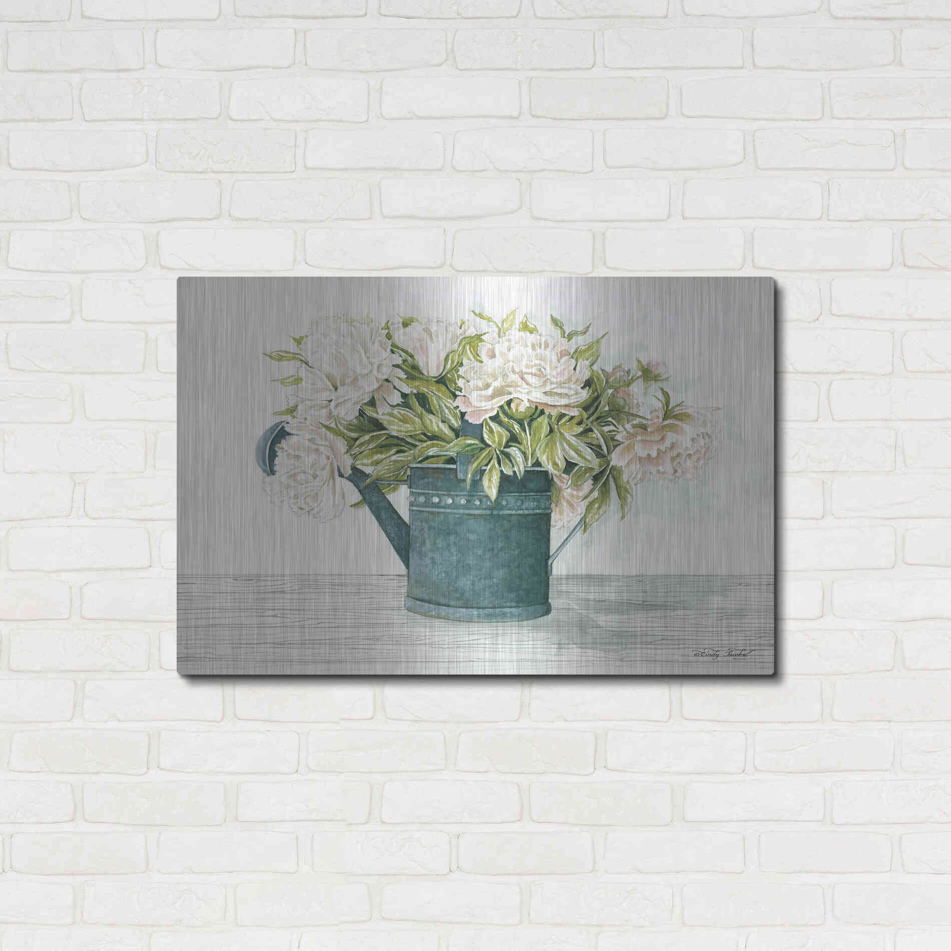 Luxe Metal Art 'Galvanized Watering Can Peonies' by Cindy Jacobs, Metal Wall Art,36x24