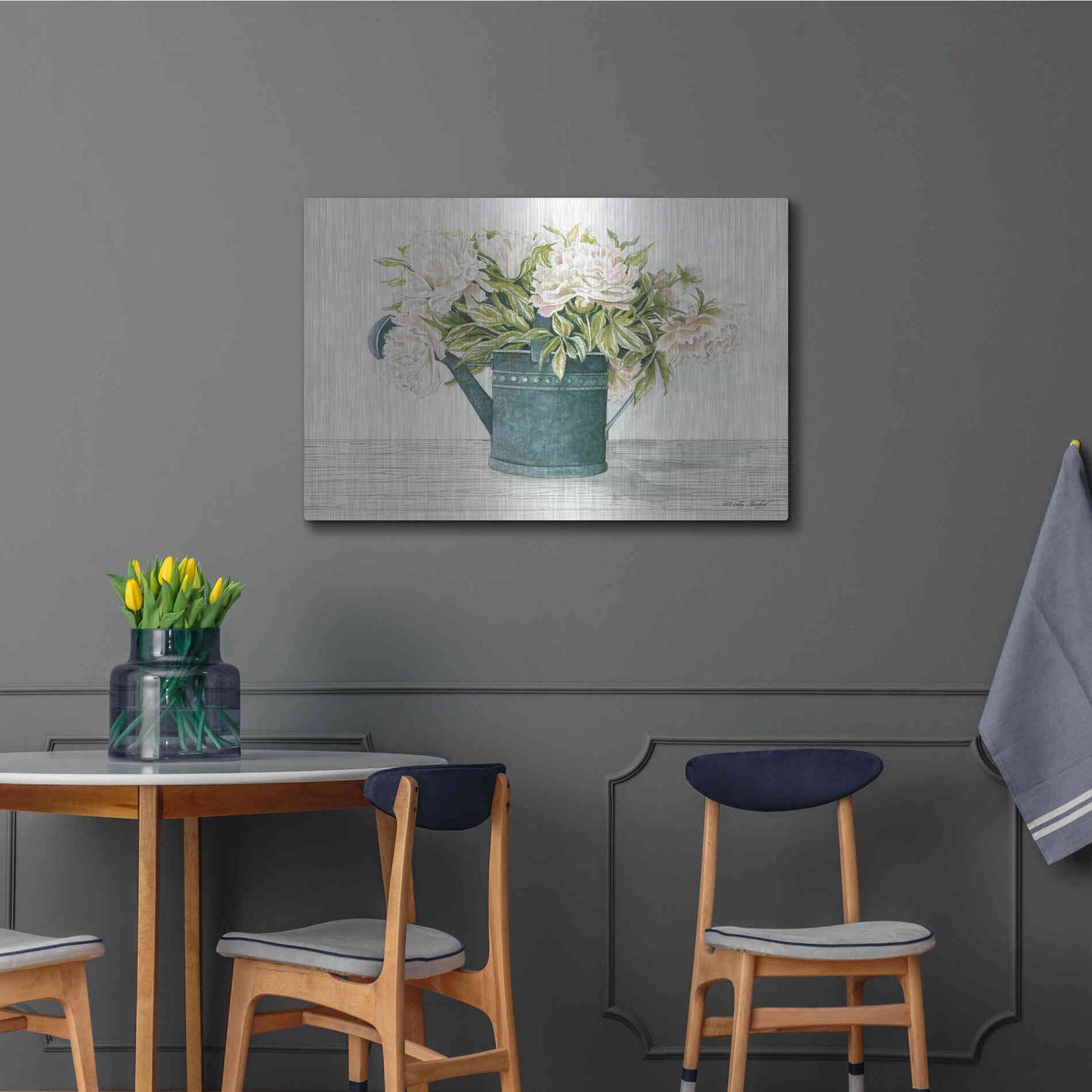 Luxe Metal Art 'Galvanized Watering Can Peonies' by Cindy Jacobs, Metal Wall Art,36x24
