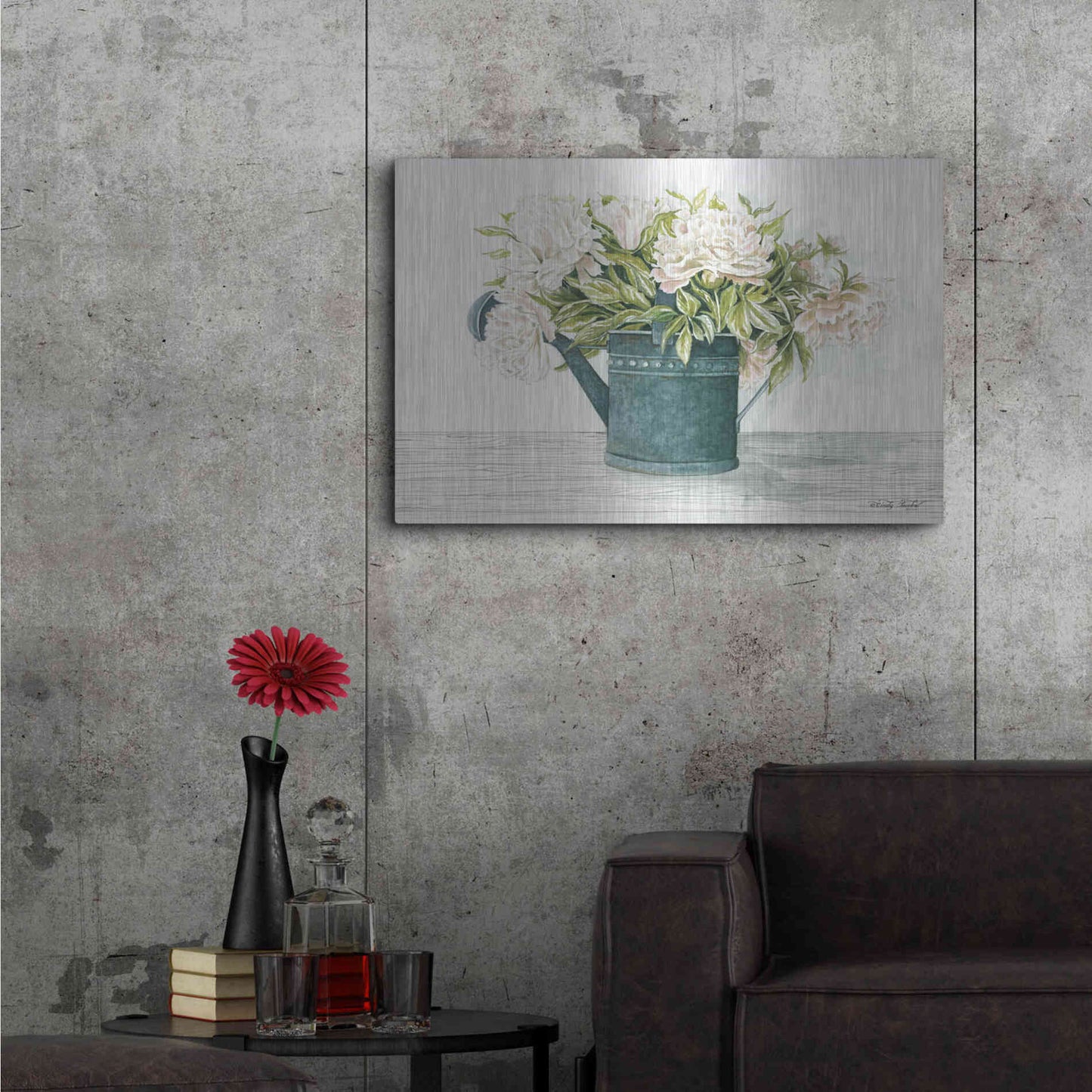 Luxe Metal Art 'Galvanized Watering Can Peonies' by Cindy Jacobs, Metal Wall Art,36x24