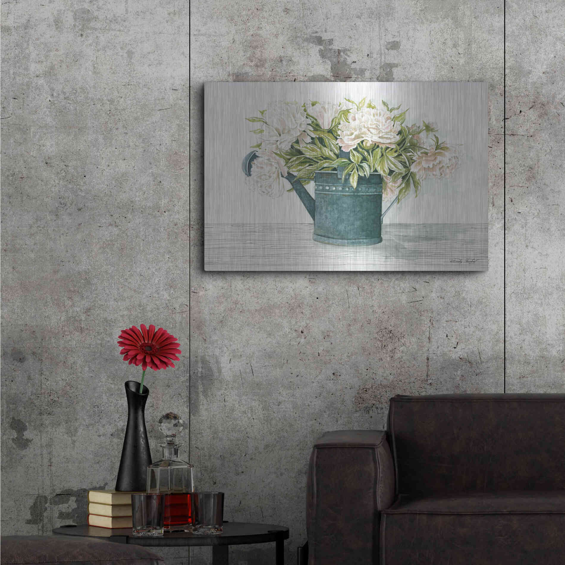 Luxe Metal Art 'Galvanized Watering Can Peonies' by Cindy Jacobs, Metal Wall Art,36x24