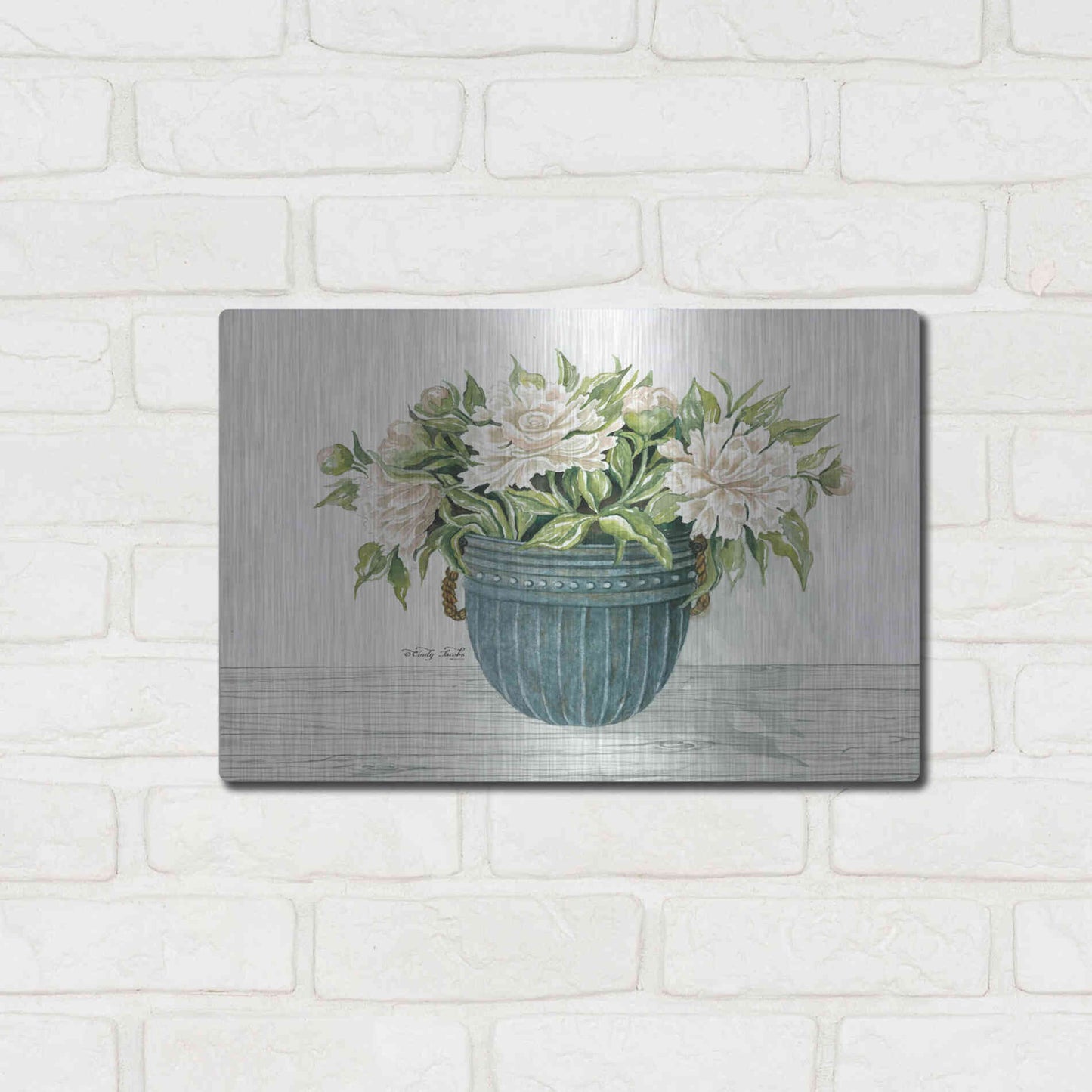 Luxe Metal Art 'Galvanized Pot Peonies' by Cindy Jacobs, Metal Wall Art,16x12