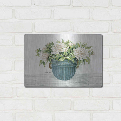 Luxe Metal Art 'Galvanized Pot Peonies' by Cindy Jacobs, Metal Wall Art,16x12