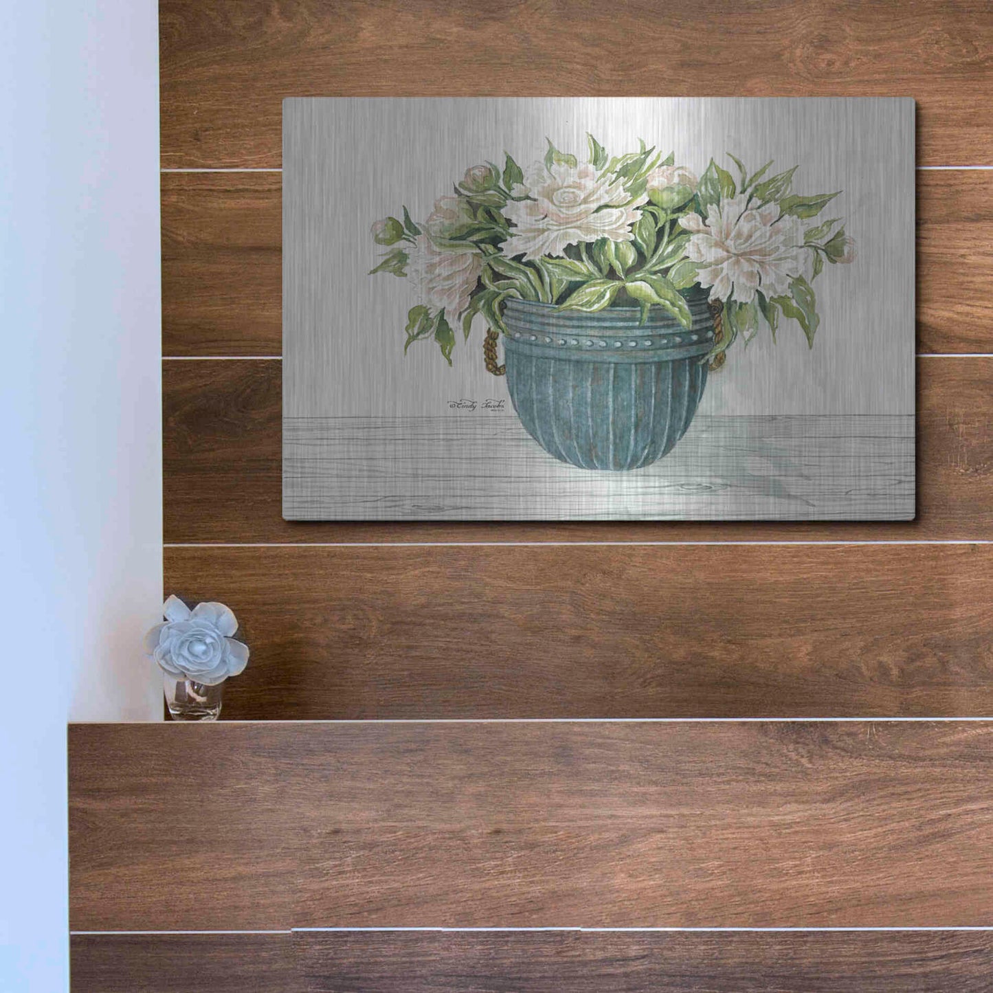 Luxe Metal Art 'Galvanized Pot Peonies' by Cindy Jacobs, Metal Wall Art,16x12