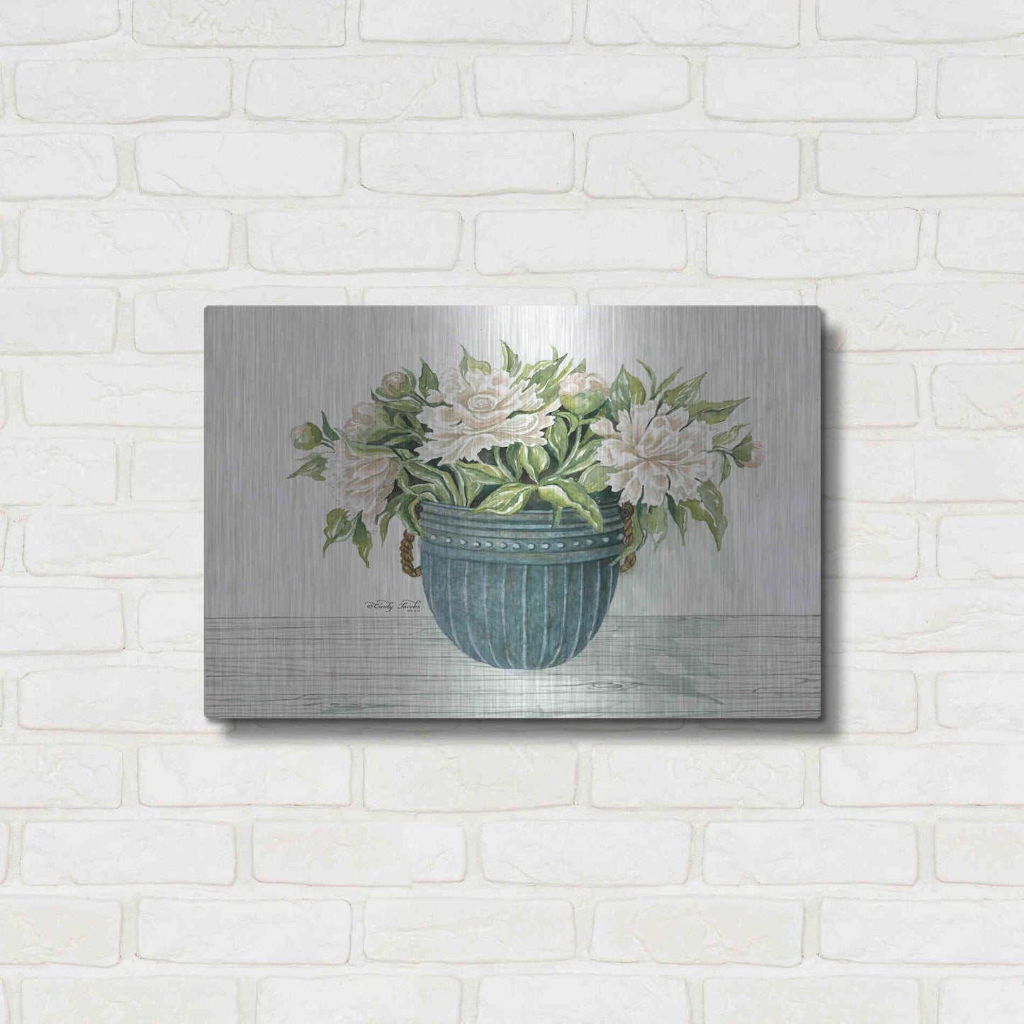 Luxe Metal Art 'Galvanized Pot Peonies' by Cindy Jacobs, Metal Wall Art,24x16