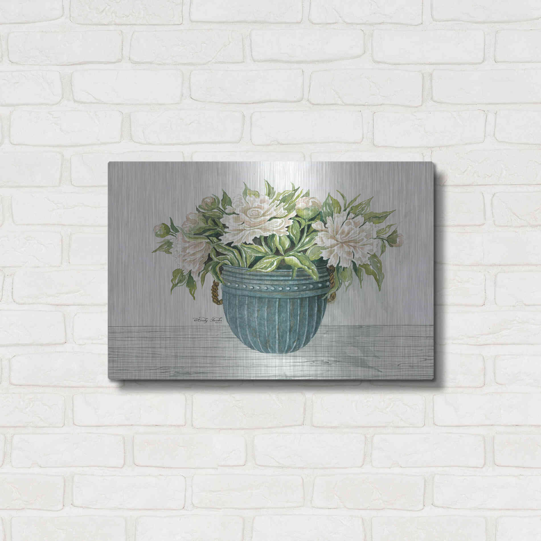 Luxe Metal Art 'Galvanized Pot Peonies' by Cindy Jacobs, Metal Wall Art,24x16