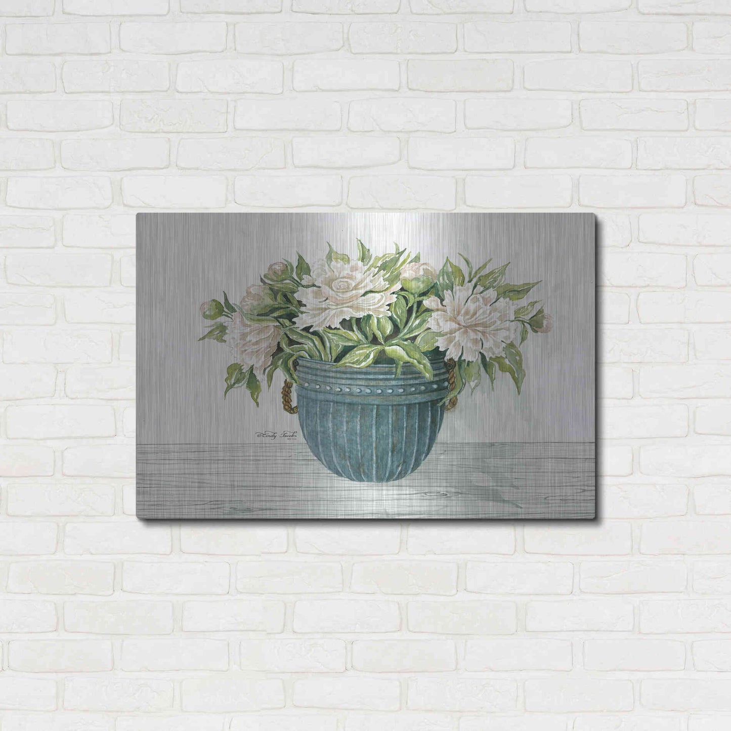 Luxe Metal Art 'Galvanized Pot Peonies' by Cindy Jacobs, Metal Wall Art,36x24