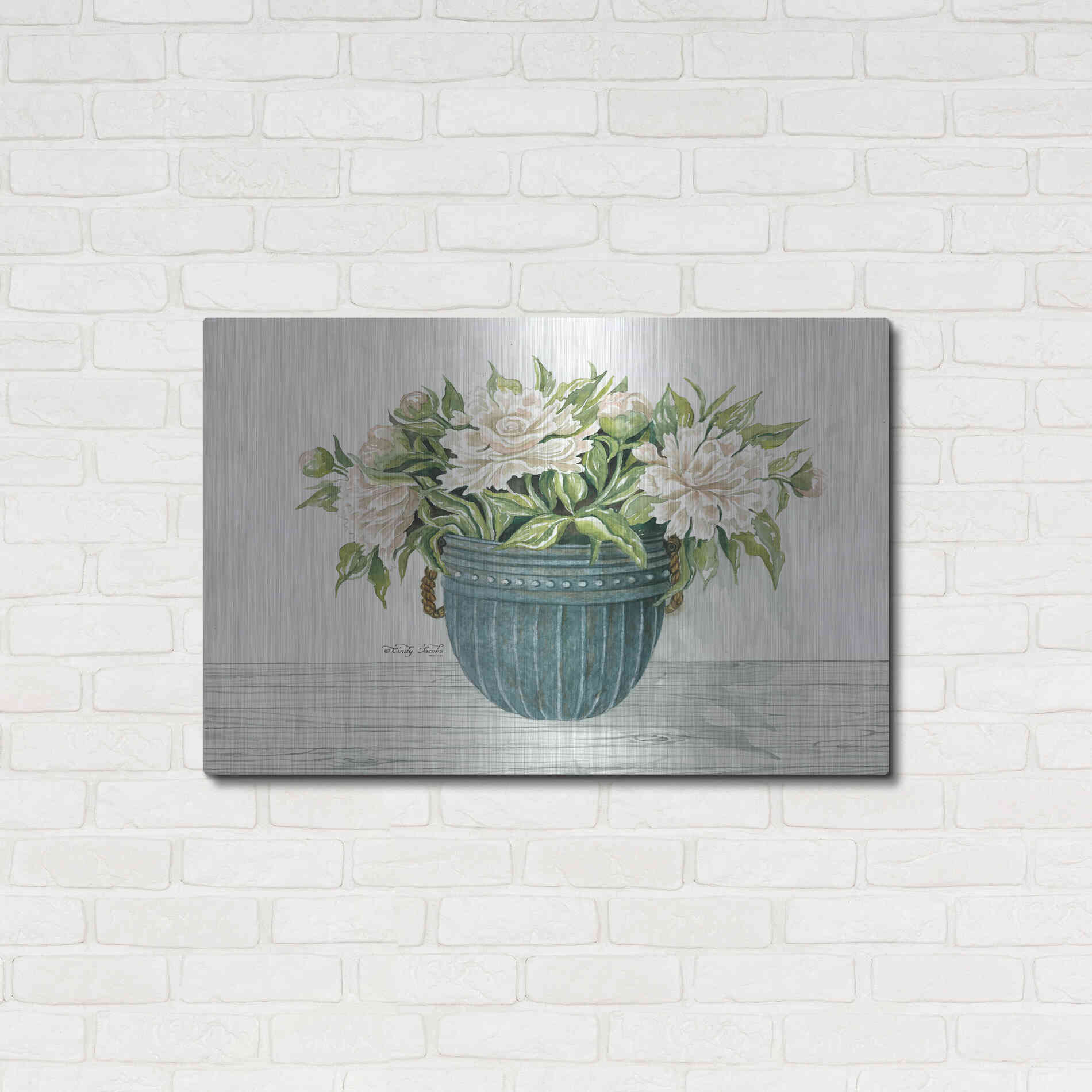 Luxe Metal Art 'Galvanized Pot Peonies' by Cindy Jacobs, Metal Wall Art,36x24