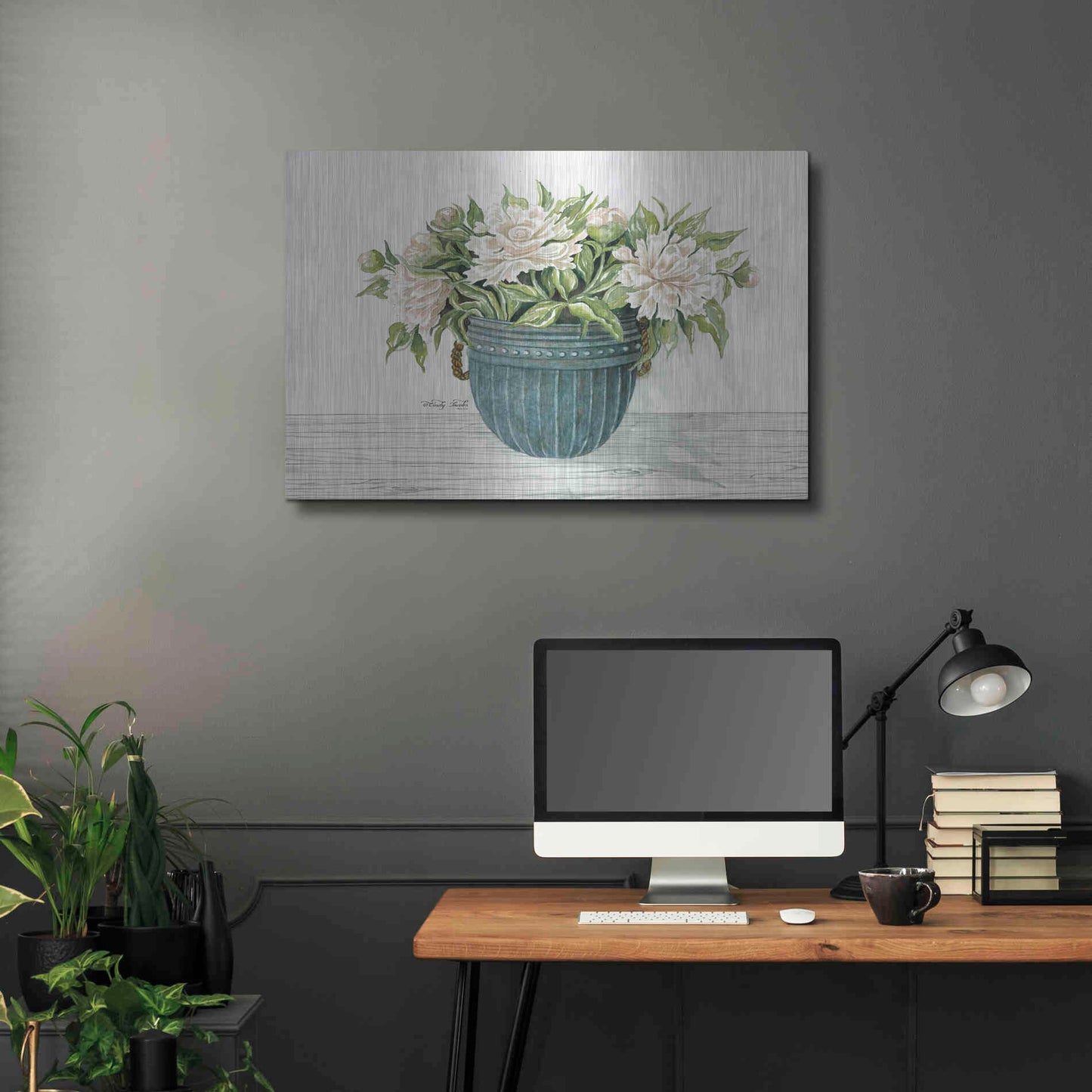 Luxe Metal Art 'Galvanized Pot Peonies' by Cindy Jacobs, Metal Wall Art,36x24