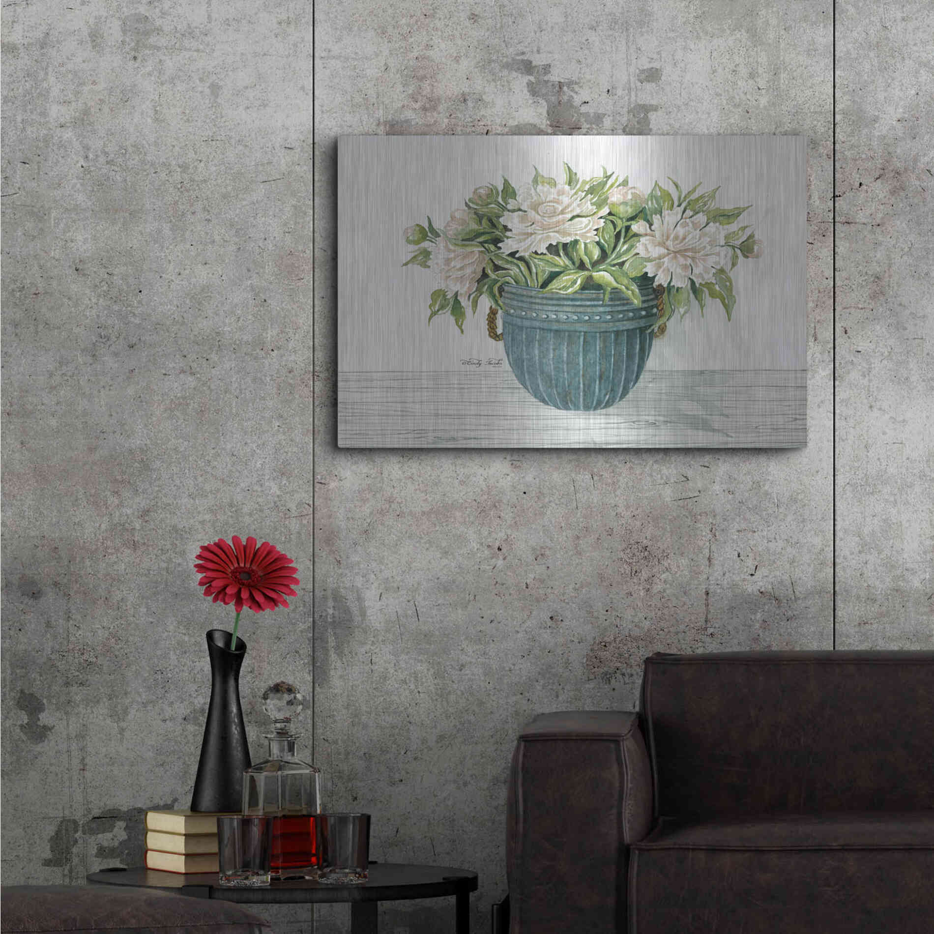 Luxe Metal Art 'Galvanized Pot Peonies' by Cindy Jacobs, Metal Wall Art,36x24