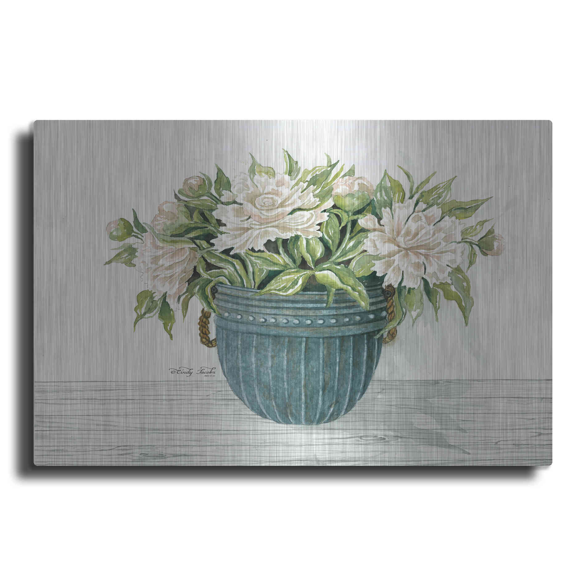Luxe Metal Art 'Galvanized Pot Peonies' by Cindy Jacobs, Metal Wall Art