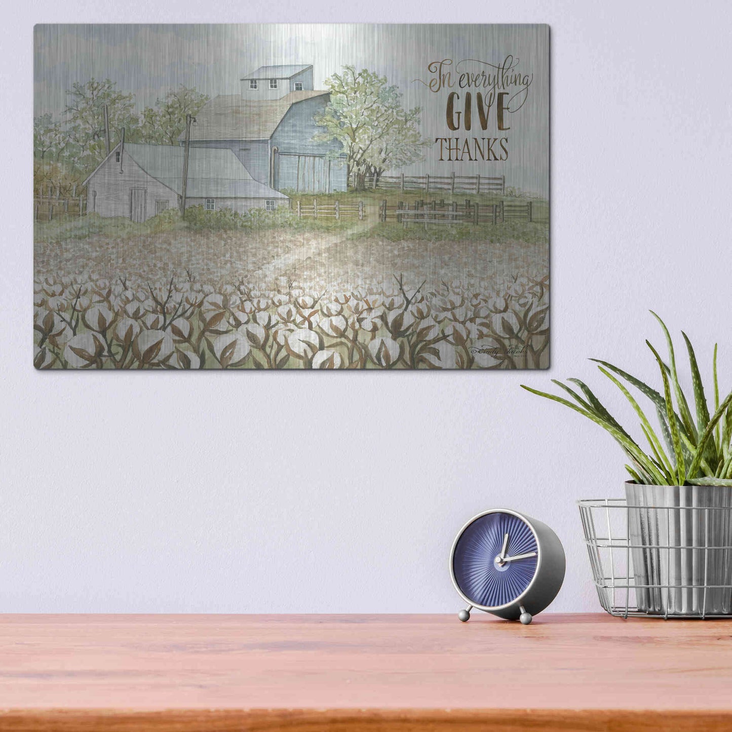 Luxe Metal Art 'In Everything Give Thanks Farmhouse' by Cindy Jacobs, Metal Wall Art,16x12