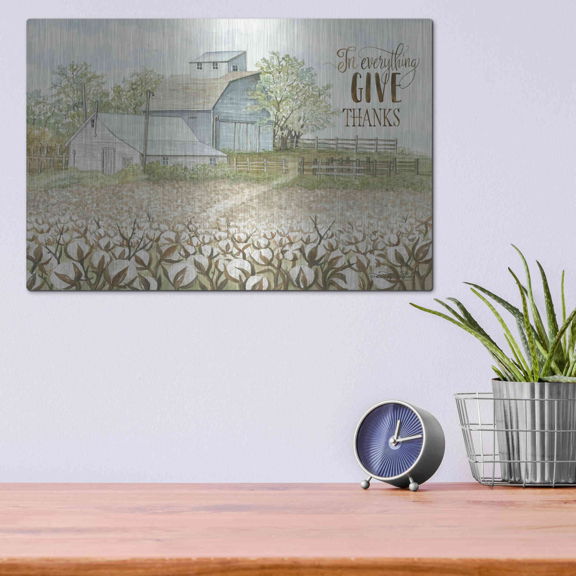 Luxe Metal Art 'In Everything Give Thanks Farmhouse' by Cindy Jacobs, Metal Wall Art,16x12