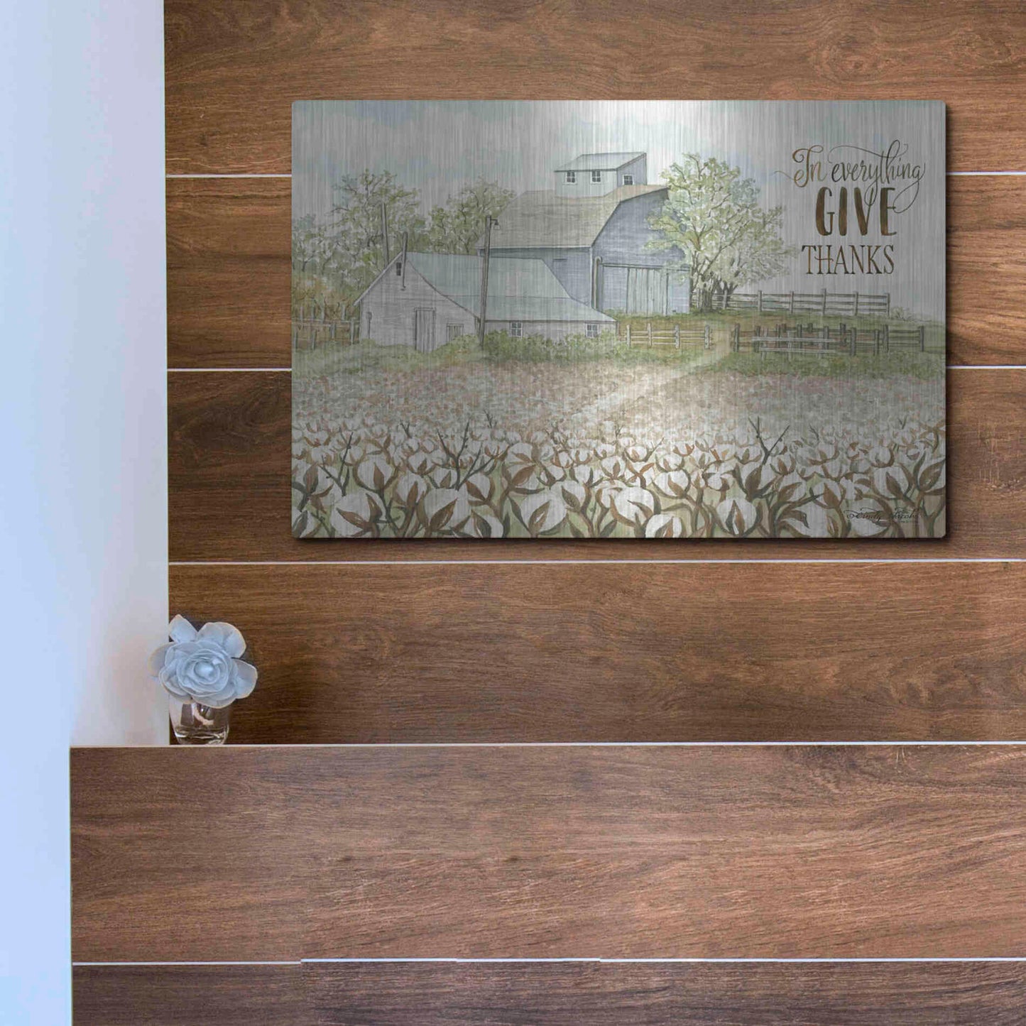 Luxe Metal Art 'In Everything Give Thanks Farmhouse' by Cindy Jacobs, Metal Wall Art,16x12