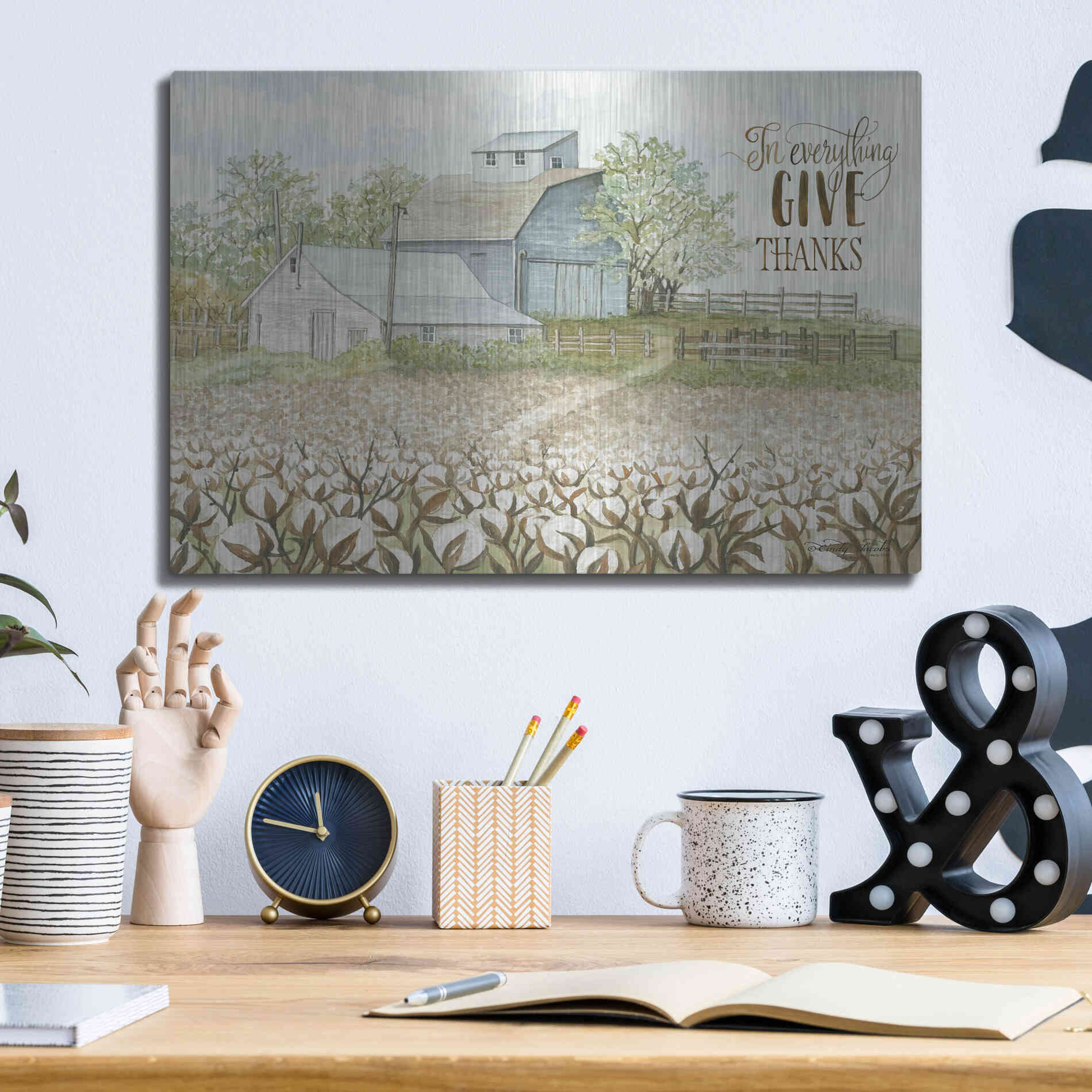 Luxe Metal Art 'In Everything Give Thanks Farmhouse' by Cindy Jacobs, Metal Wall Art,16x12