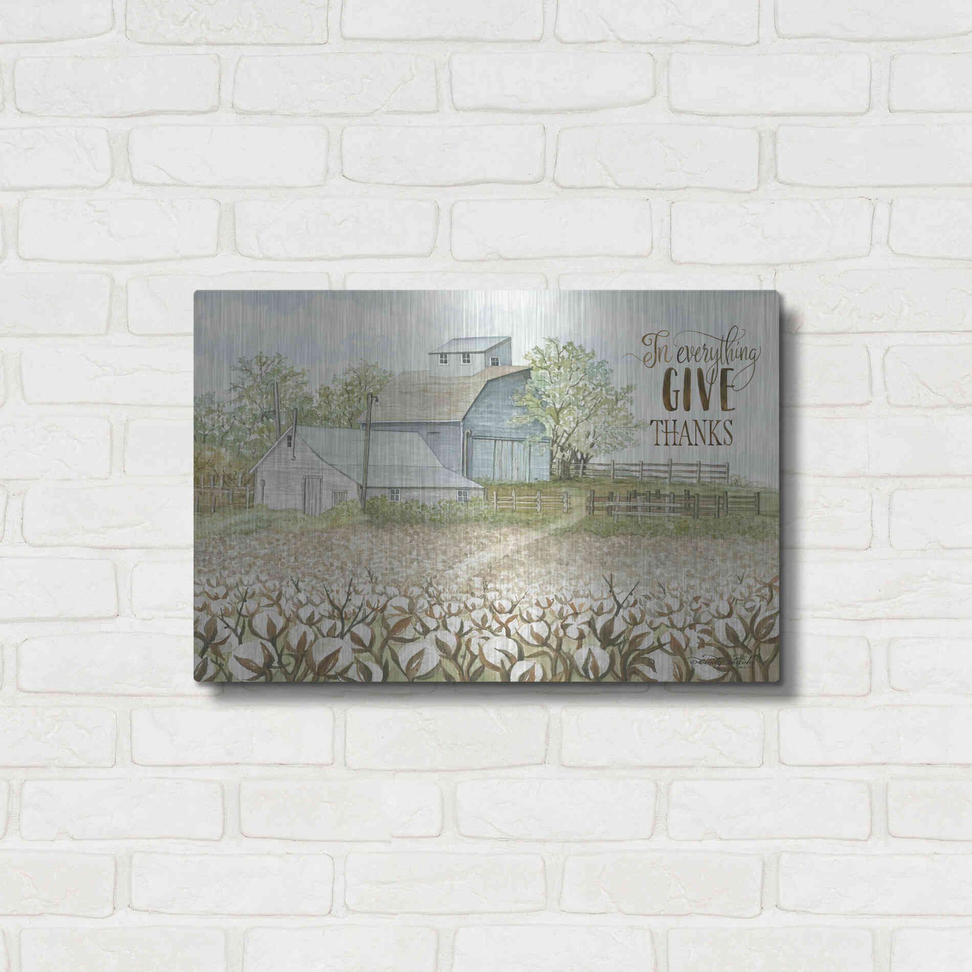 Luxe Metal Art 'In Everything Give Thanks Farmhouse' by Cindy Jacobs, Metal Wall Art,24x16