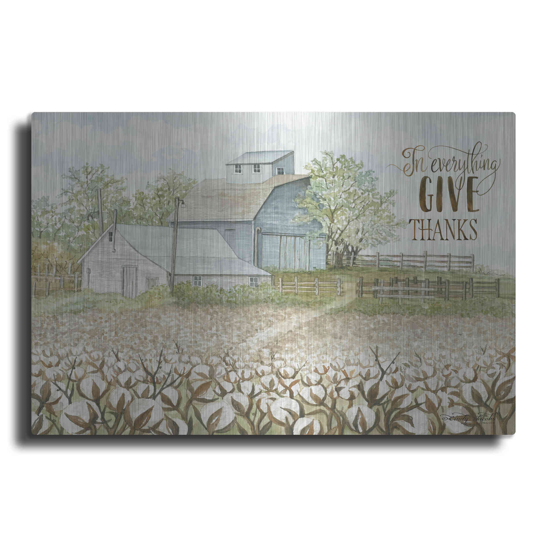 Luxe Metal Art 'In Everything Give Thanks Farmhouse' by Cindy Jacobs, Metal Wall Art