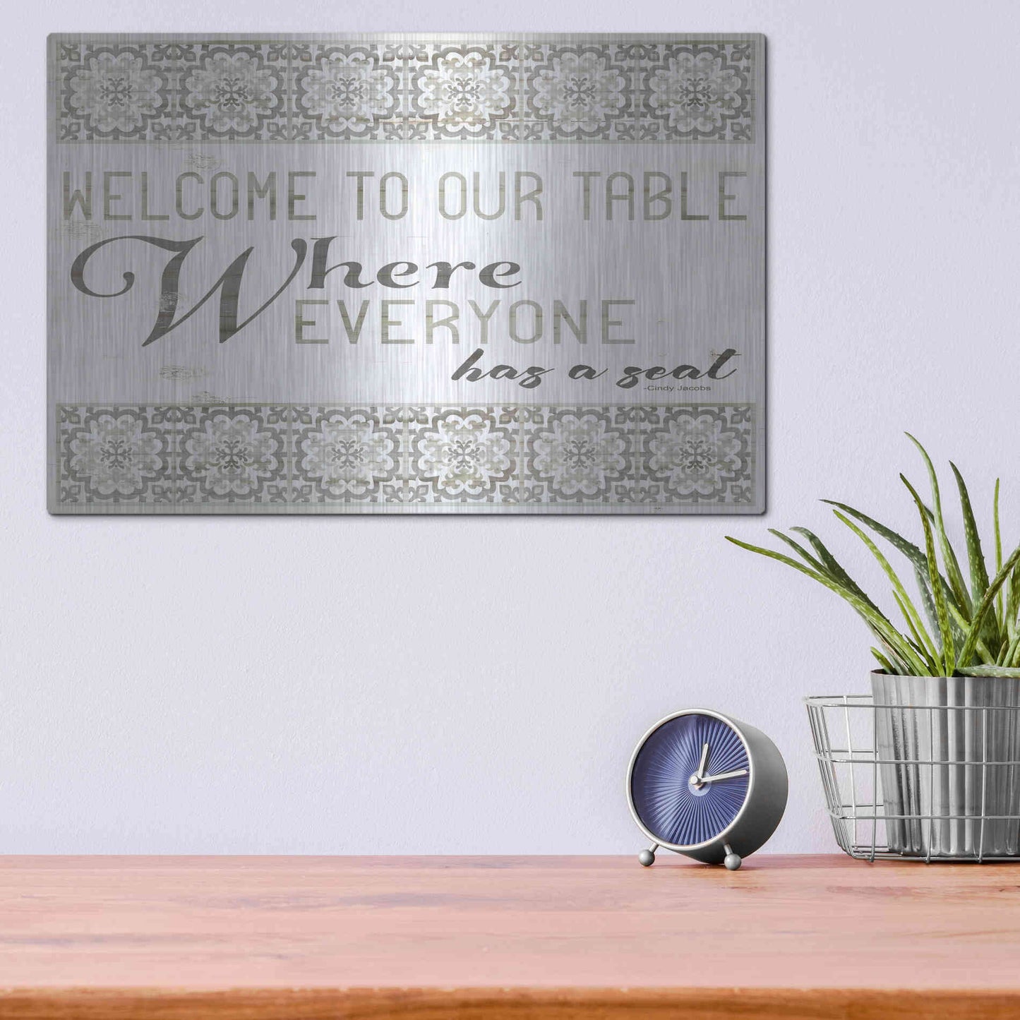 Luxe Metal Art 'Welcome to Our Table' by Cindy Jacobs, Metal Wall Art,16x12