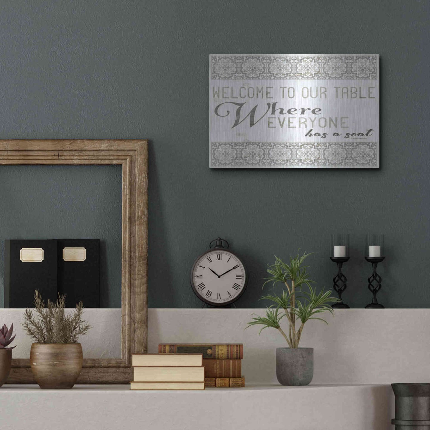Luxe Metal Art 'Welcome to Our Table' by Cindy Jacobs, Metal Wall Art,16x12