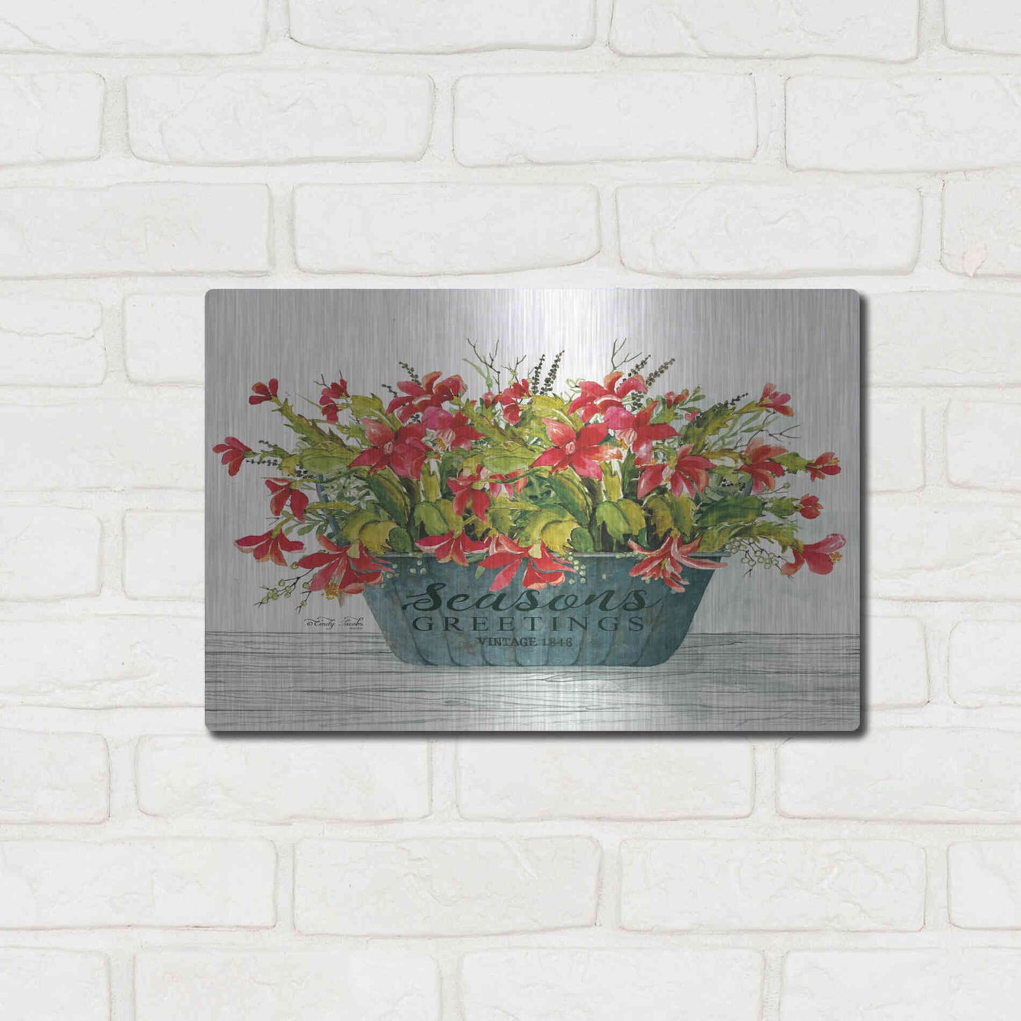 Luxe Metal Art 'Seasons Greetings Pot' by Cindy Jacobs, Metal Wall Art,16x12