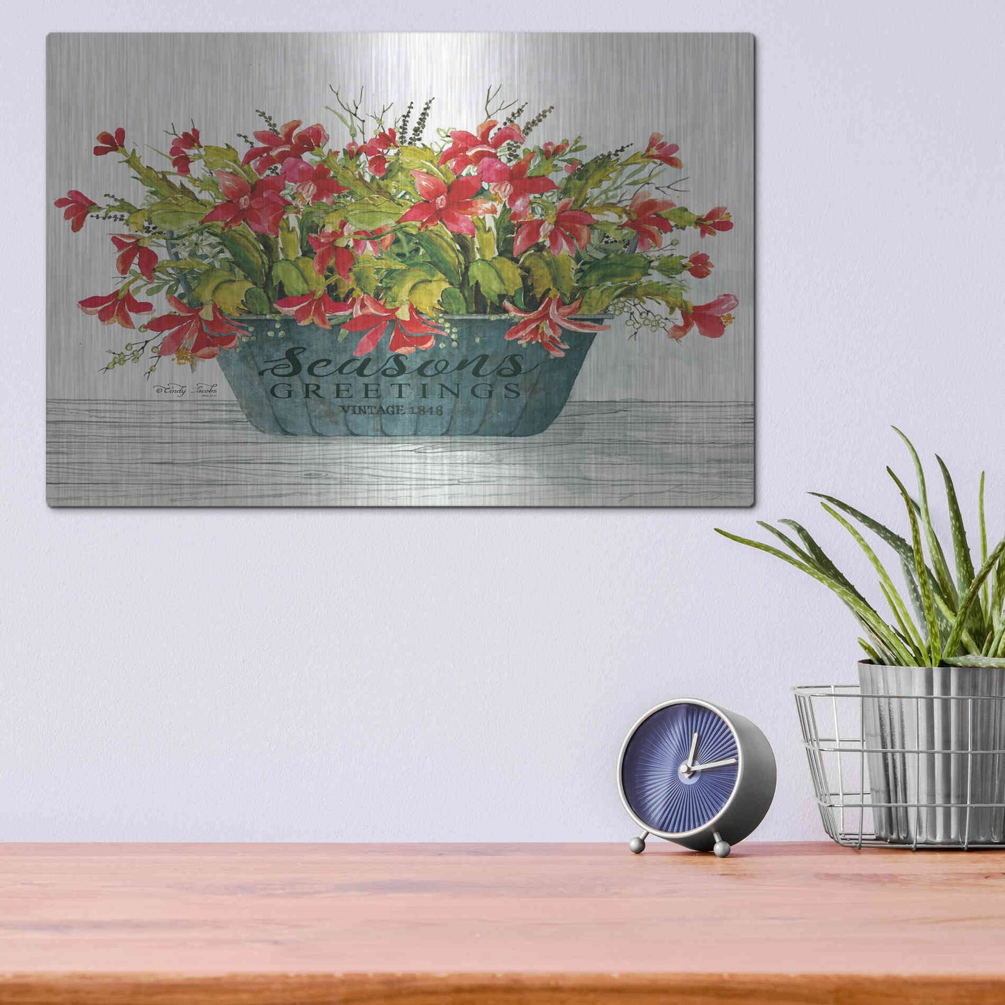 Luxe Metal Art 'Seasons Greetings Pot' by Cindy Jacobs, Metal Wall Art,16x12